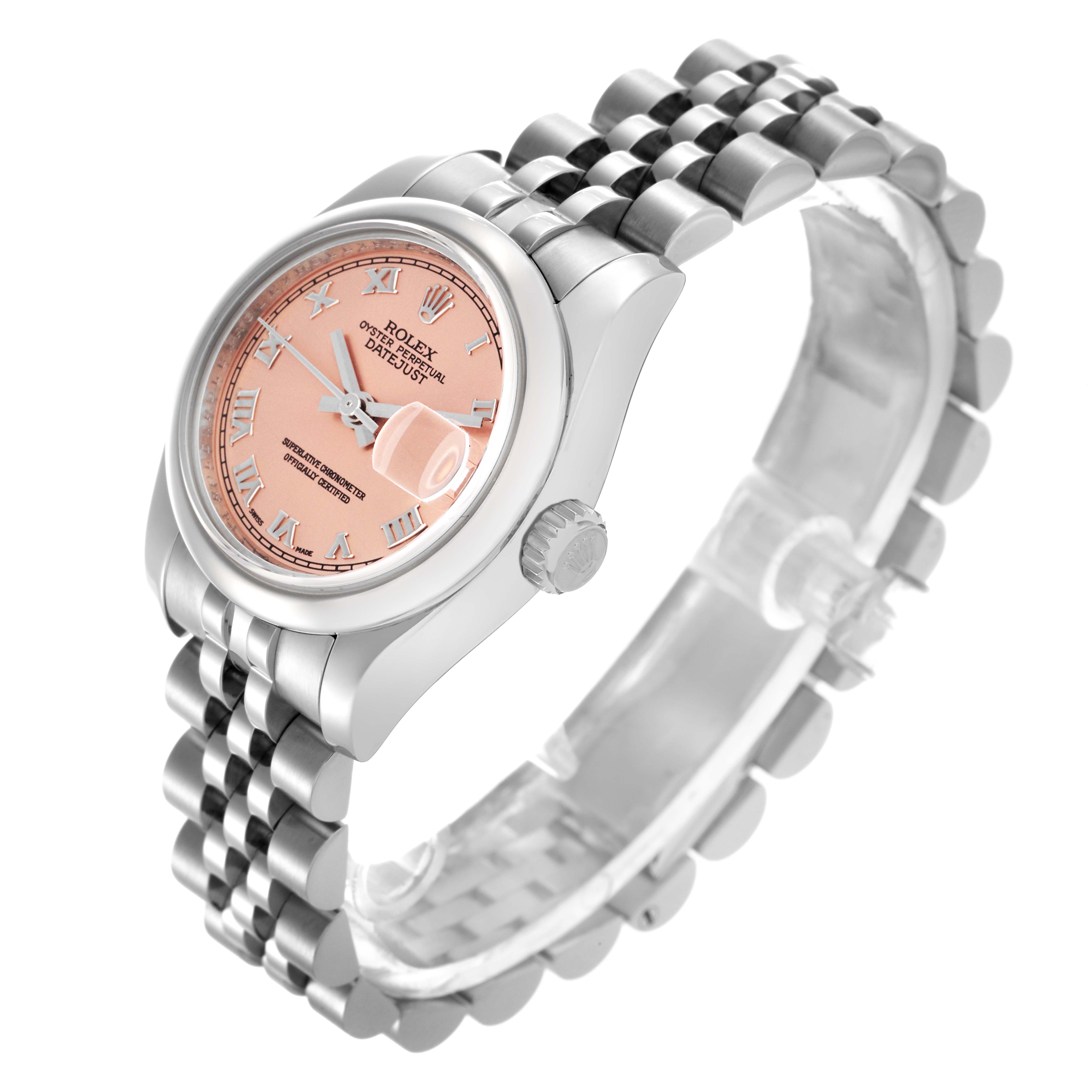The Rolex Datejust 179160 Women's Stainless Steel Pink Dial 179160 Women's Stainless Steel Pink Dial watch is shown at a three-quarter angle, displaying the pink dial, date window, and Jubilee bracelet.