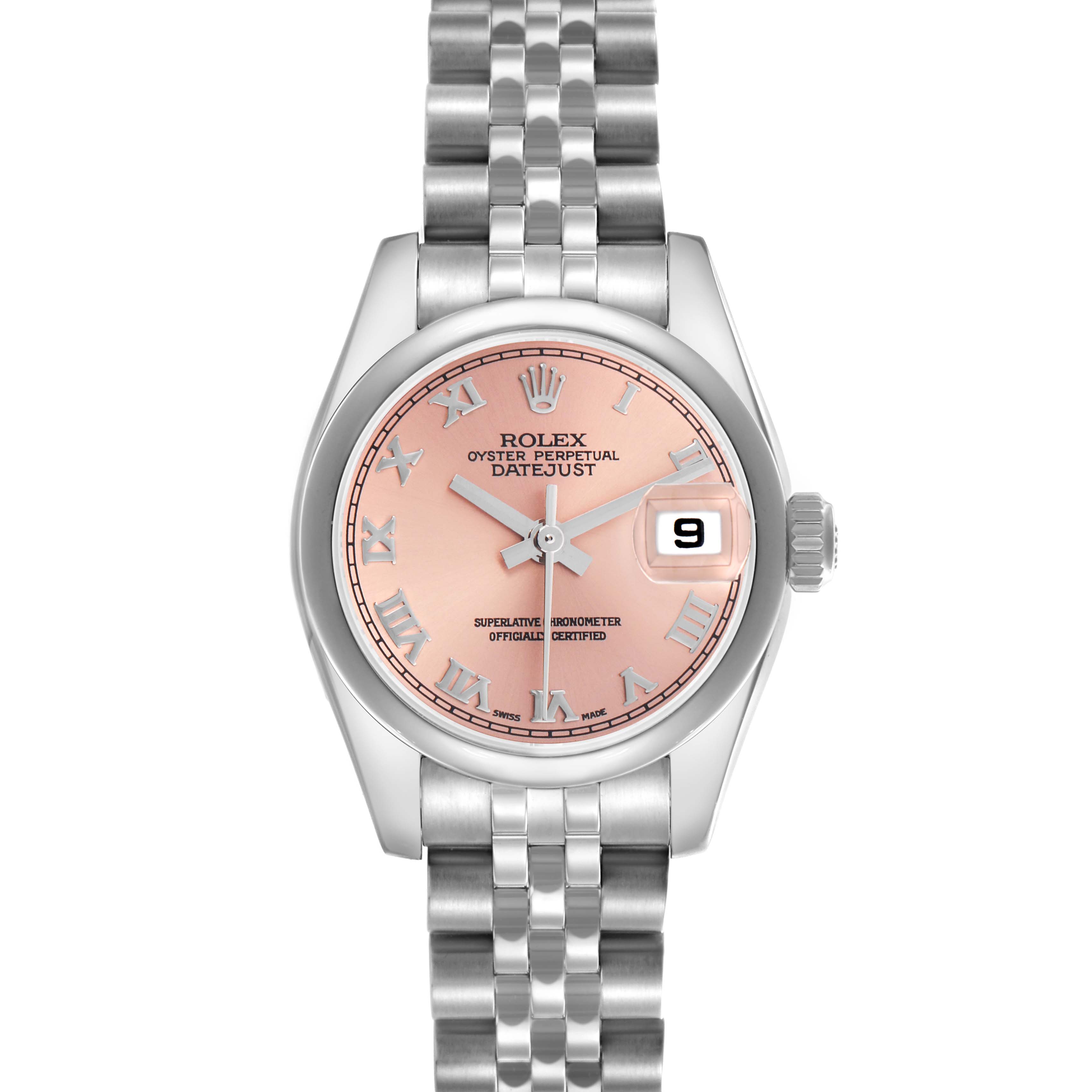 The Rolex Datejust 179160 Women's Stainless Steel Pink Dial 179160 Women's Stainless Steel Pink Dial watch is shown from a top view, featuring the dial, bracelet, and date window.
