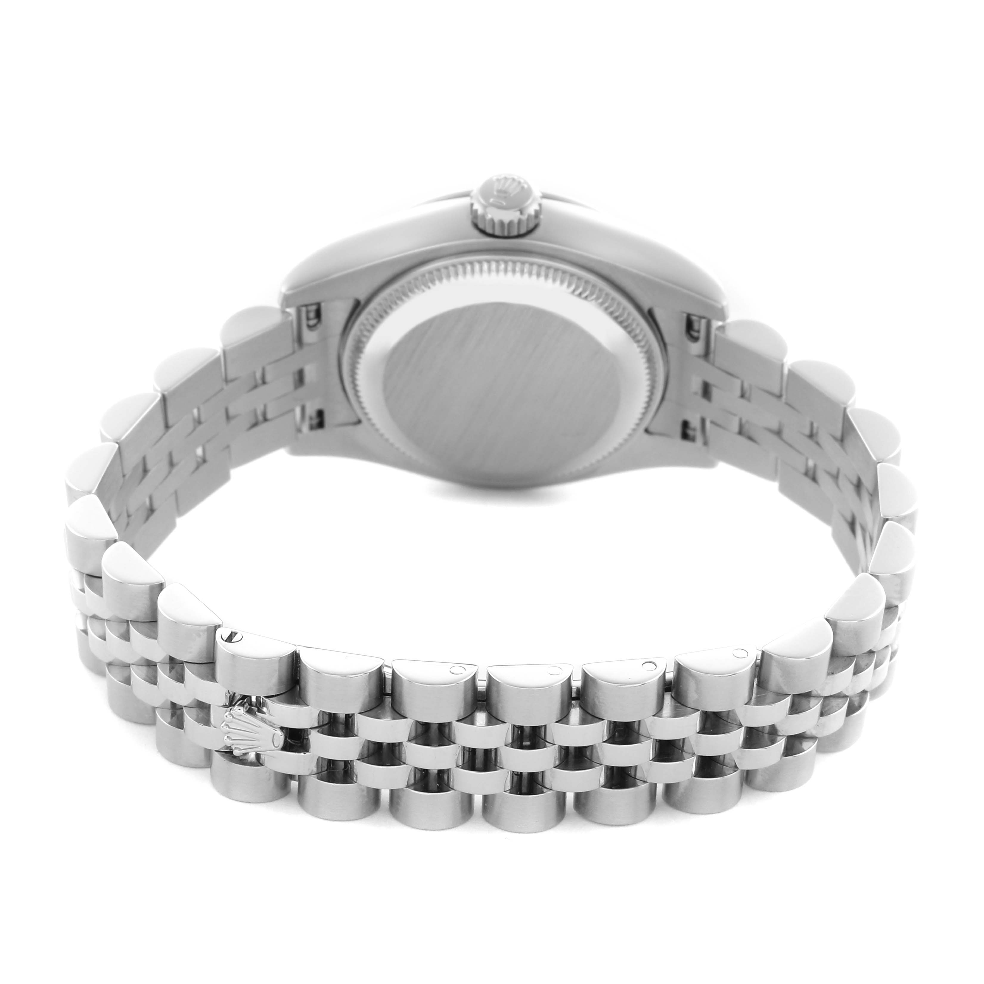 The image shows the back of a Rolex Datejust 179160 Women's Stainless Steel Pink Dial 179160 Women's Stainless Steel Pink Dial watch, highlighting its case back, crown, and Jubilee bracelet.