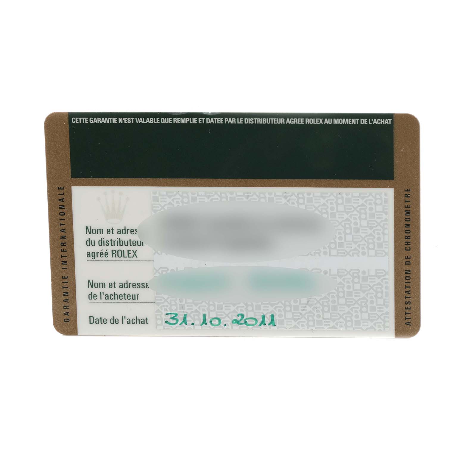 The image shows a warranty card for a Rolex Datejust 179160 Women's Stainless Steel Pink Dial 179160 Women's Stainless Steel Pink Dial, displaying purchase details and branding.