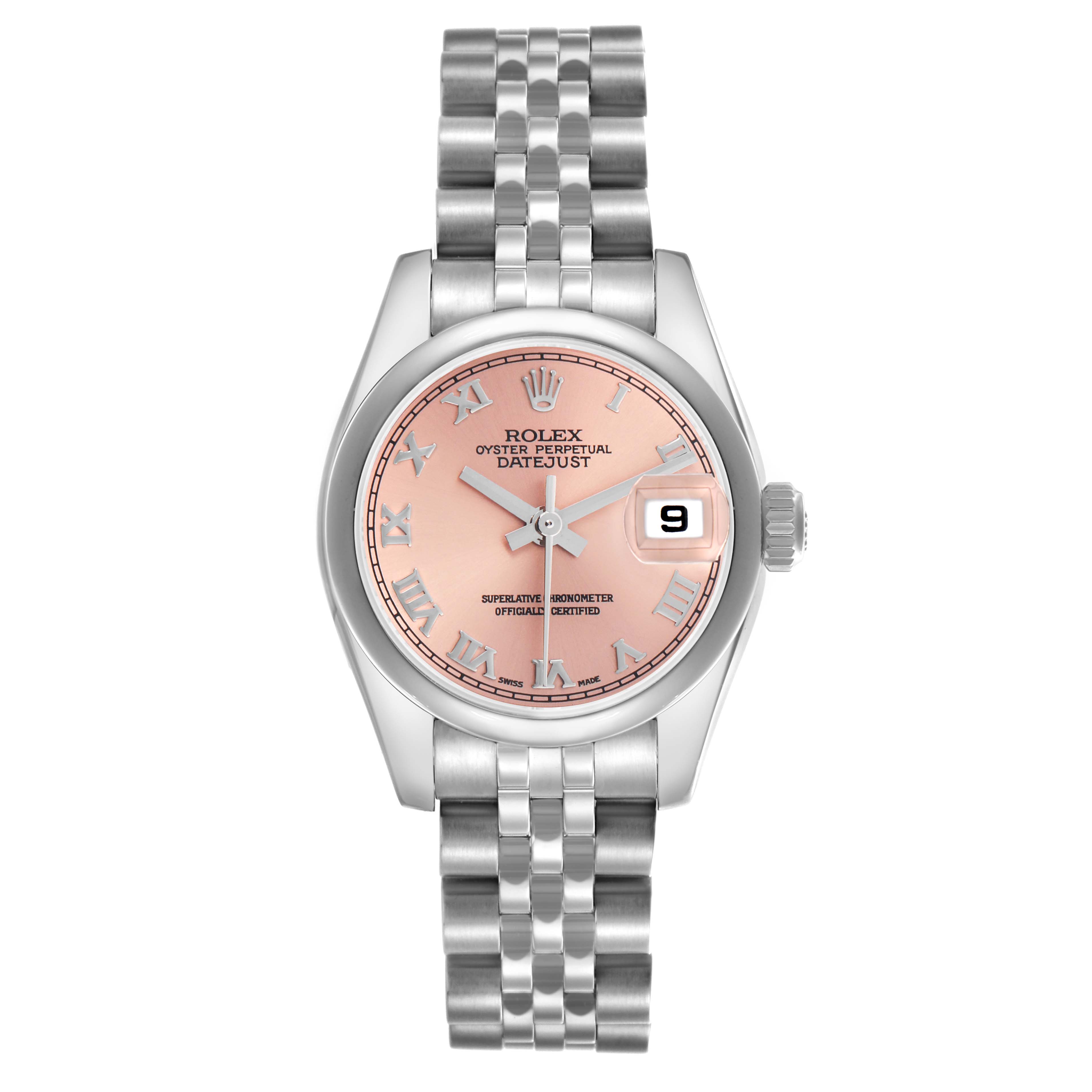 The Rolex Datejust 179160 Women's Stainless Steel Pink Dial 179160 Women's Stainless Steel Pink Dial watch is shown from a frontal angle, featuring the dial, date window, and Jubilee bracelet.