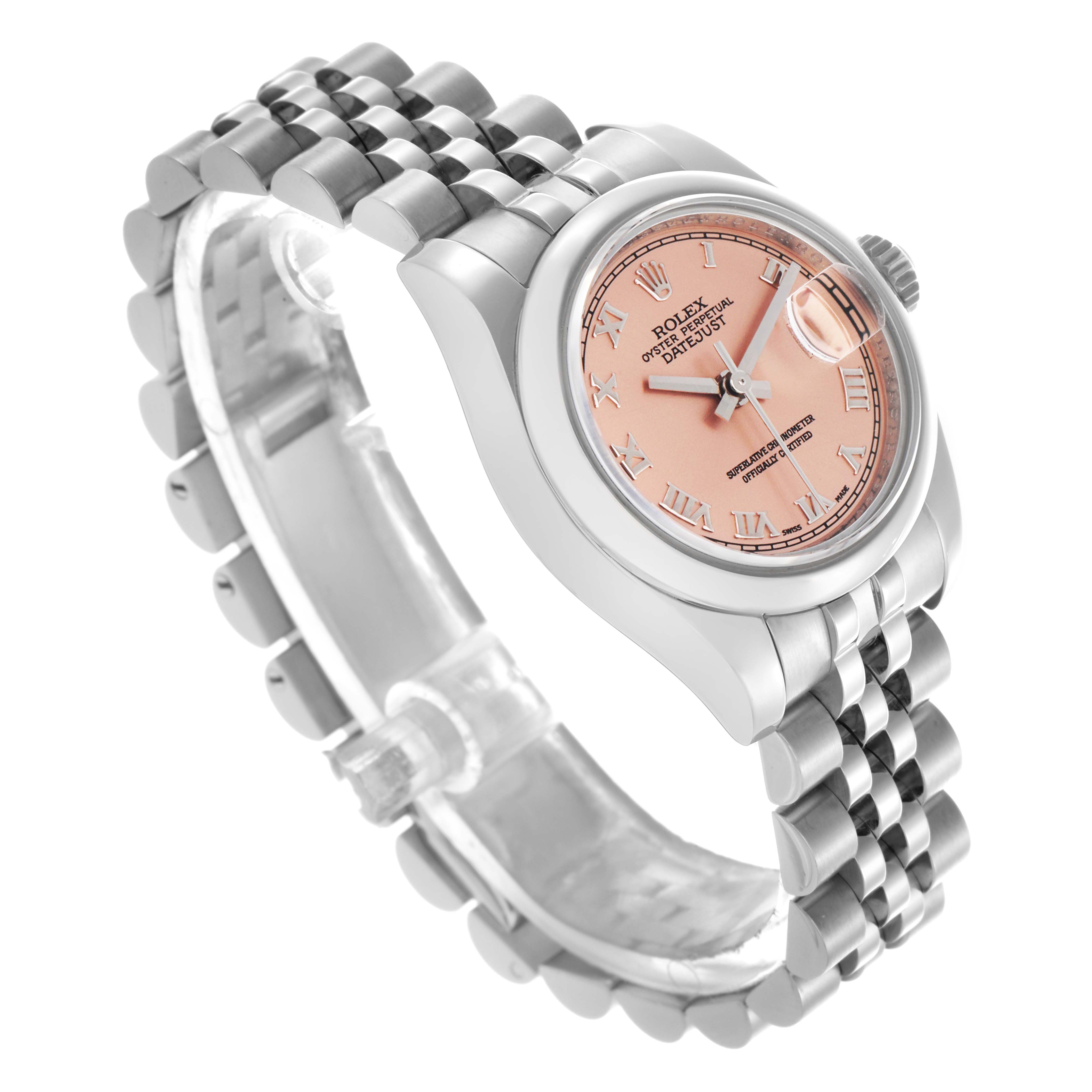 The Rolex Datejust 179160 Women's Stainless Steel Pink Dial 179160 Women's Stainless Steel Pink Dial watch is shown at a side angle, featuring its pink dial, Roman numerals, bezel, and Jubilee bracelet.