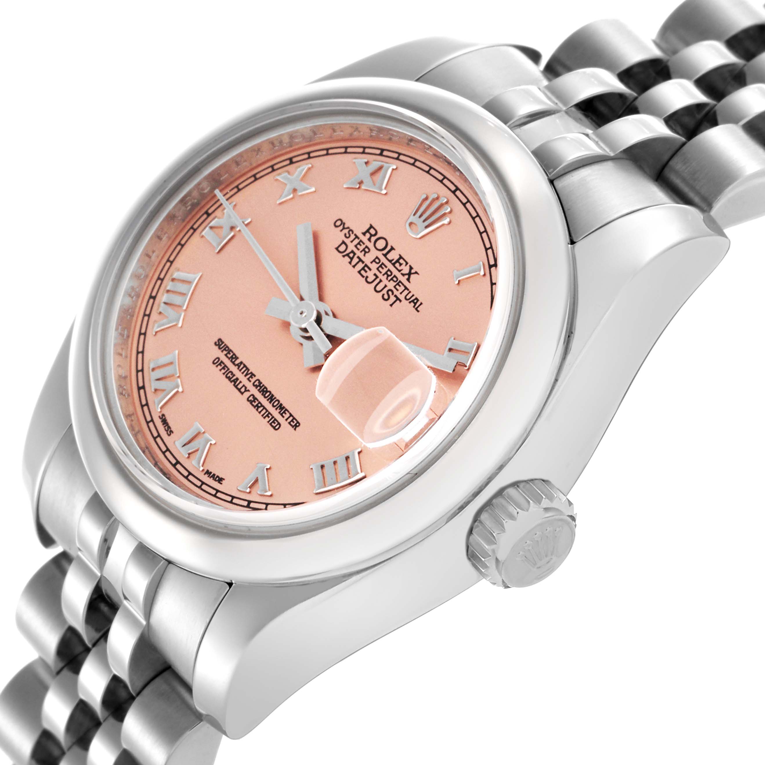 The image shows a Rolex Datejust 179160 Women's Stainless Steel Pink Dial 179160 Women's Stainless Steel Pink Dial watch at an angled view, highlighting the dial, bezel, crown, and part of the bracelet.