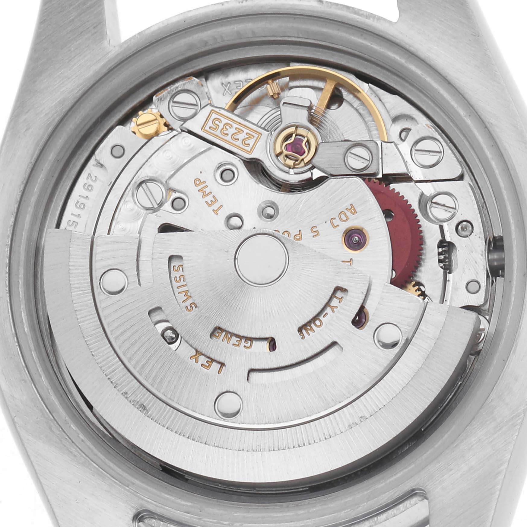 The image shows the movement of a Rolex Datejust 179160 Women's Stainless Steel Pink Dial 179160 Women's Stainless Steel Pink Dial watch from a top-down angle, highlighting the rotor and gears.