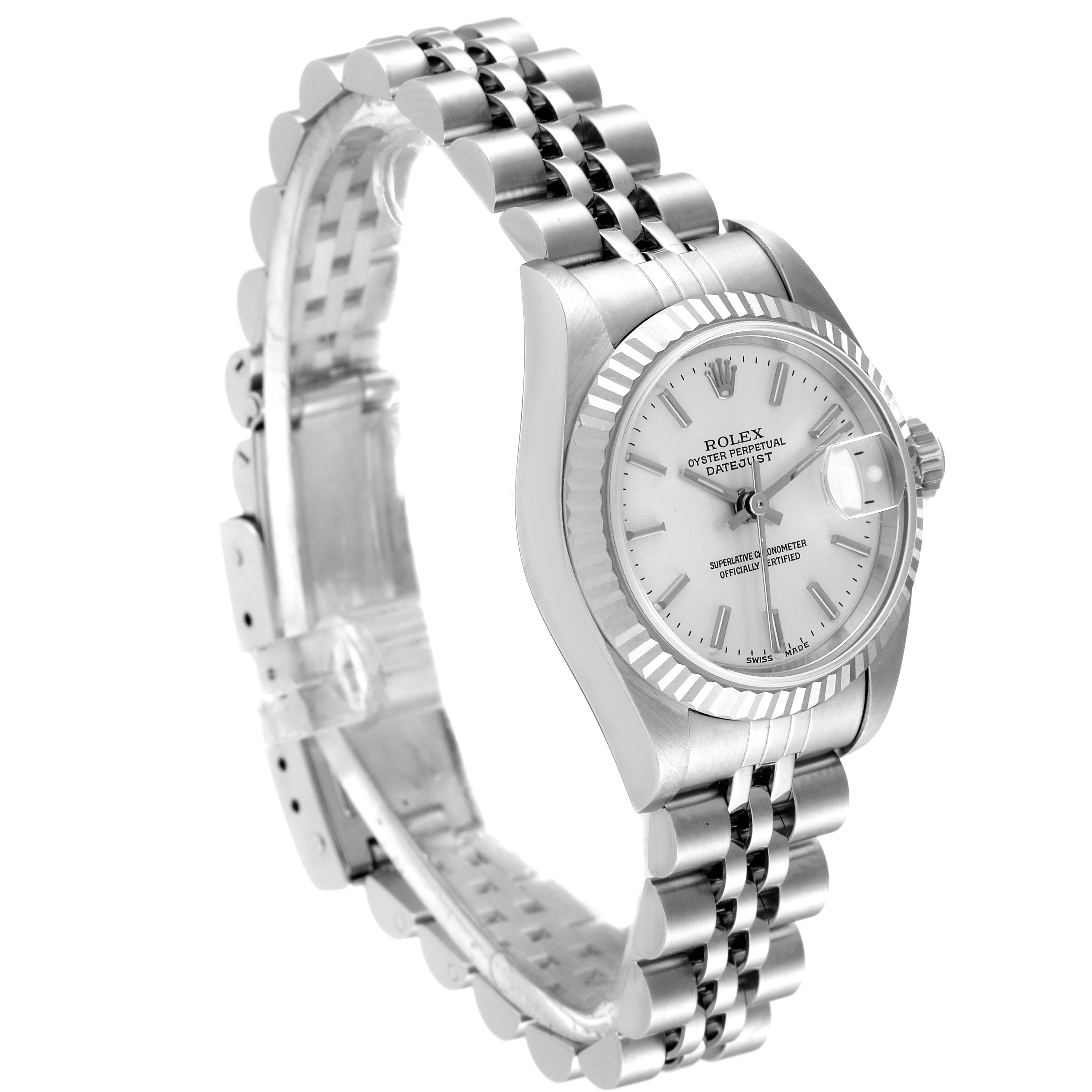 This image shows a silver Rolex Datejust 79174 Women
s Stainless Steel Silver Dial 79174 Women
s Stainless Steel Silver Dial watch at a three-quarter angle, highlighting the dial, bezel, and bracelet.