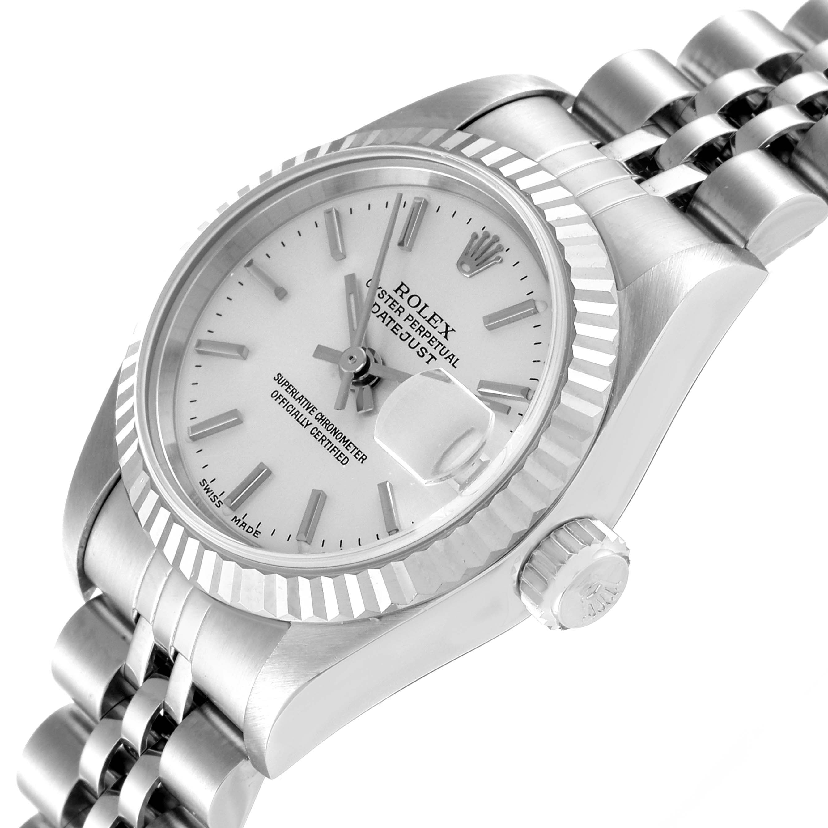 This image shows a close-up side angle of the Rolex Datejust 79174 Women
s Stainless Steel Silver Dial 79174 Women
s Stainless Steel Silver Dial watch, highlighting the dial, bezel, crown, and a portion of the bracelet.