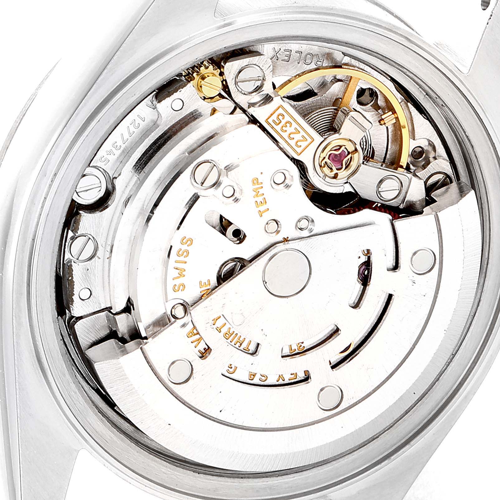 This image shows the internal mechanical movement of a Rolex Datejust 79174 Women
s Stainless Steel Silver Dial 79174 Women
s Stainless Steel Silver Dial watch from a close-up, top-down angle.
