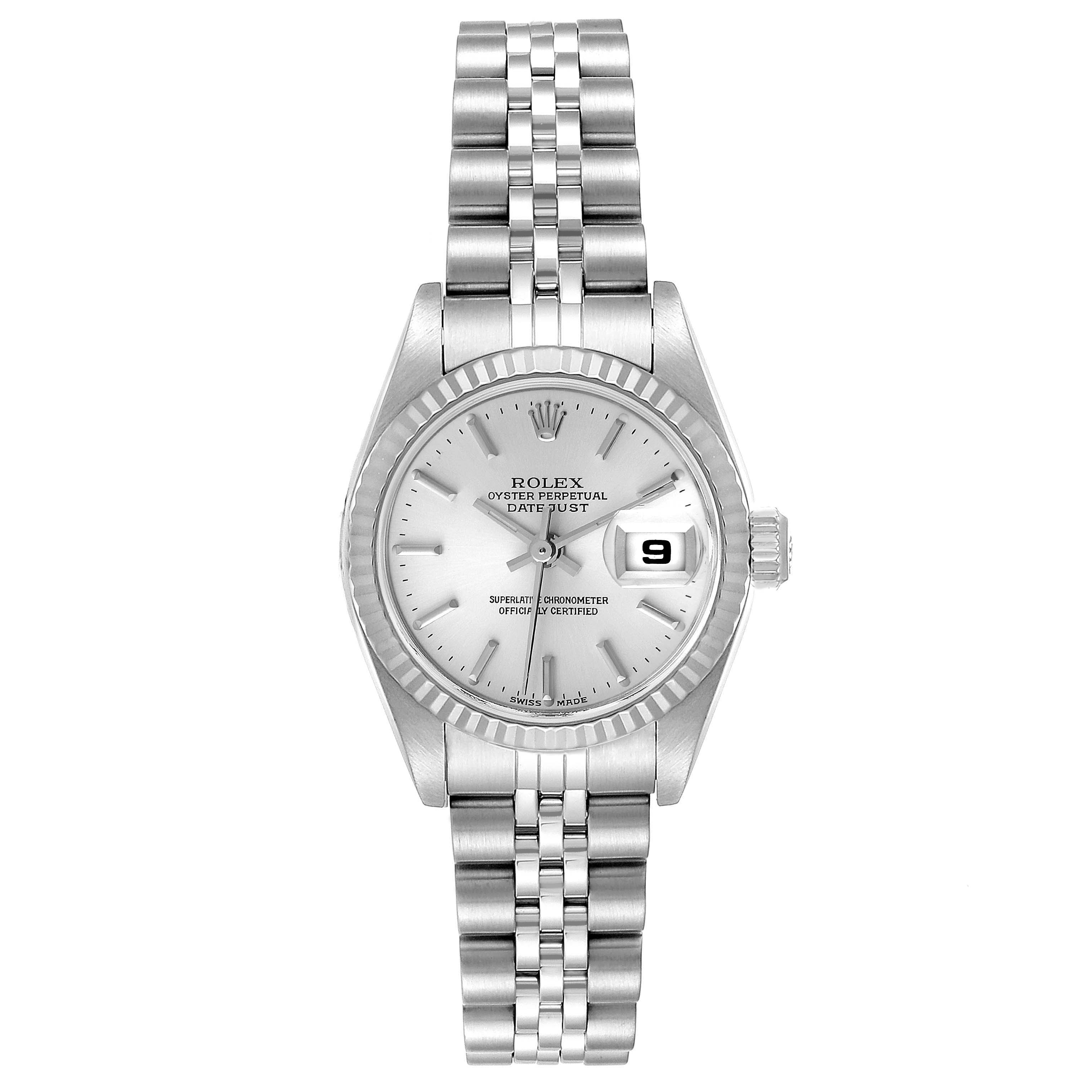 This image shows a Rolex Datejust 79174 Women
s Stainless Steel Silver Dial 79174 Women
s Stainless Steel Silver Dial watch, captured from a top-down angle, displaying the bracelet, dial, crown, and date window.