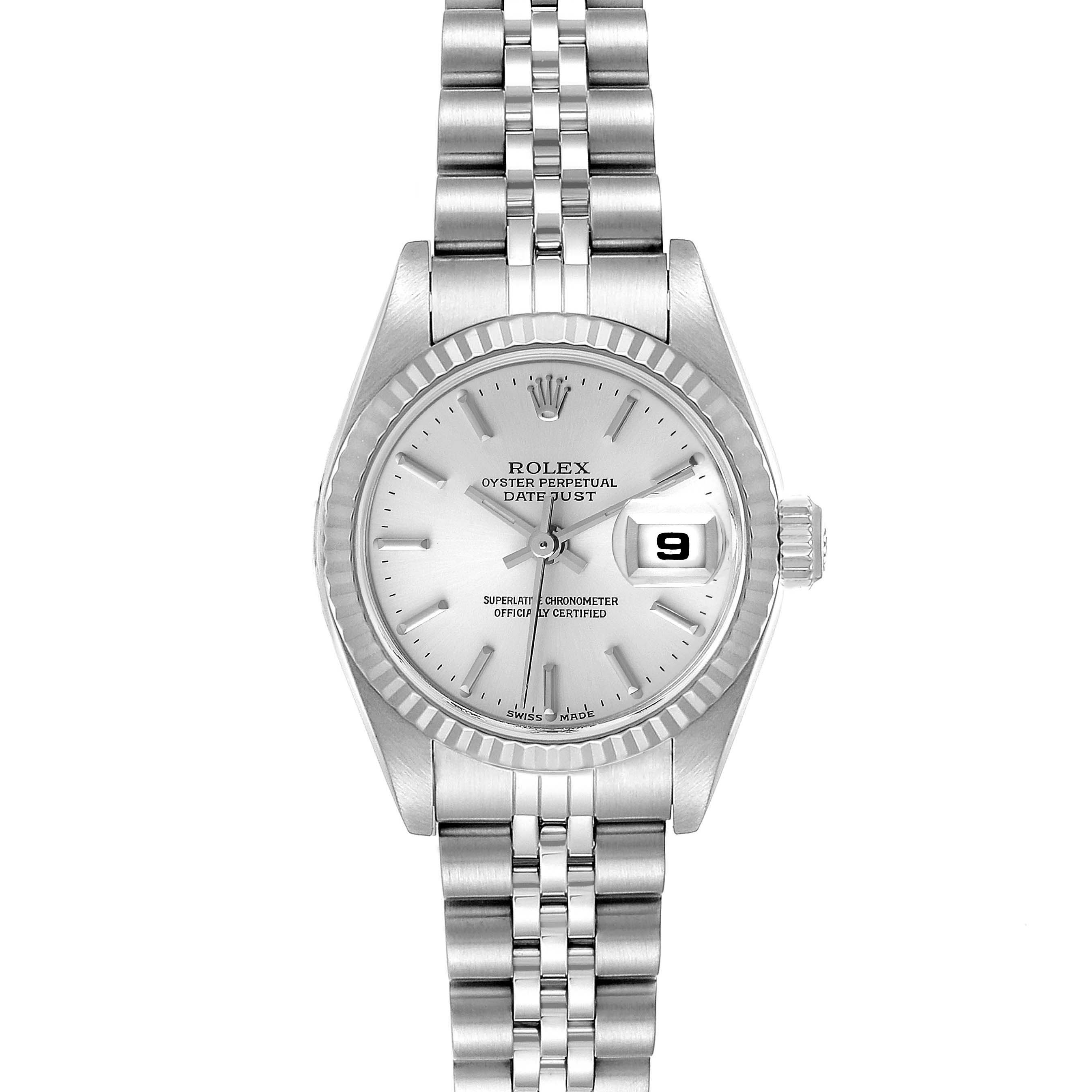 This image shows a frontal view of a Rolex Datejust 79174 Women
s Stainless Steel Silver Dial 79174 Women
s Stainless Steel Silver Dial watch, displaying its dial, bezel, and bracelet.