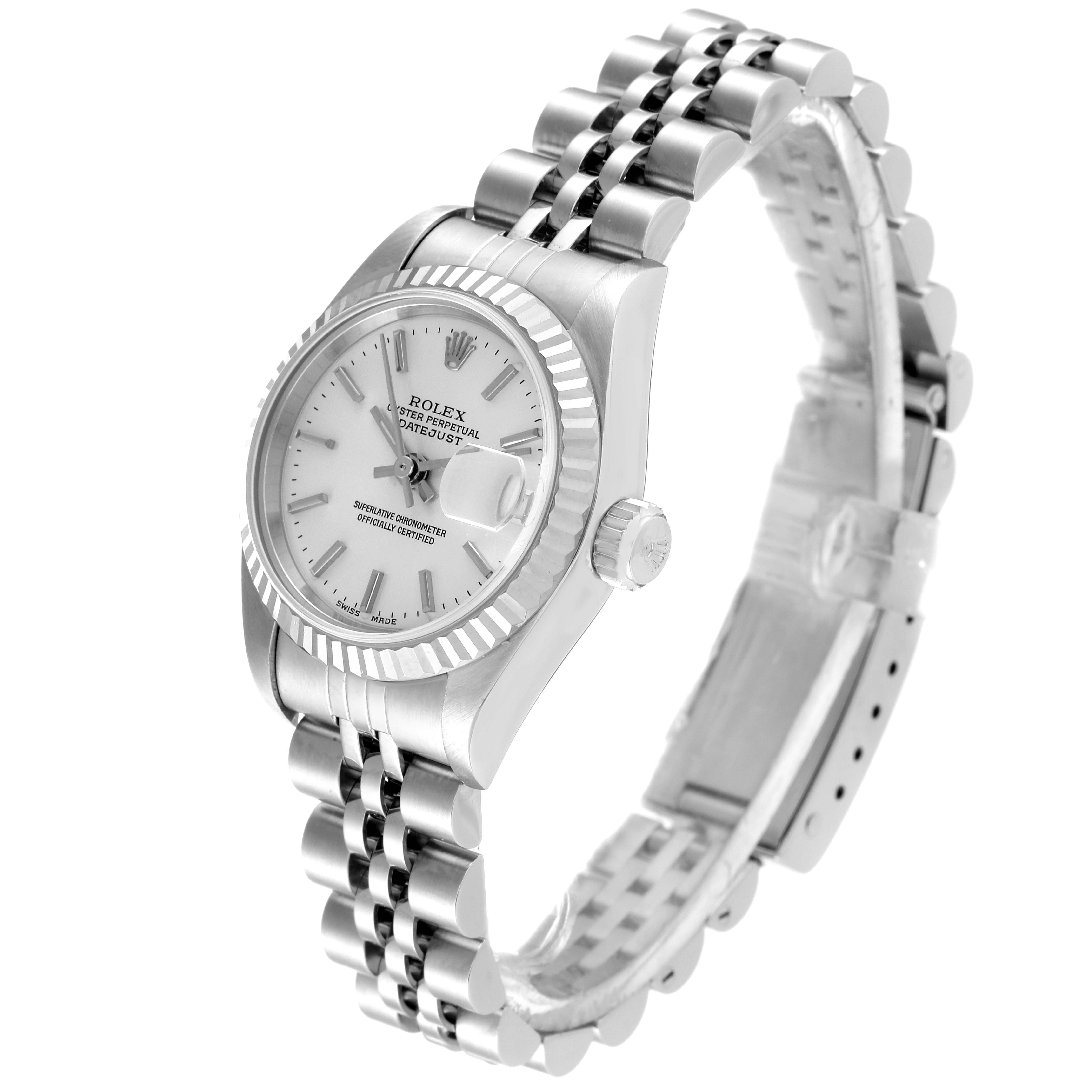 This image shows a Rolex Datejust 79174 Women
s Stainless Steel Silver Dial 79174 Women
s Stainless Steel Silver Dial watch at a three-quarter angle, highlighting the dial, bezel, and Jubilee bracelet.