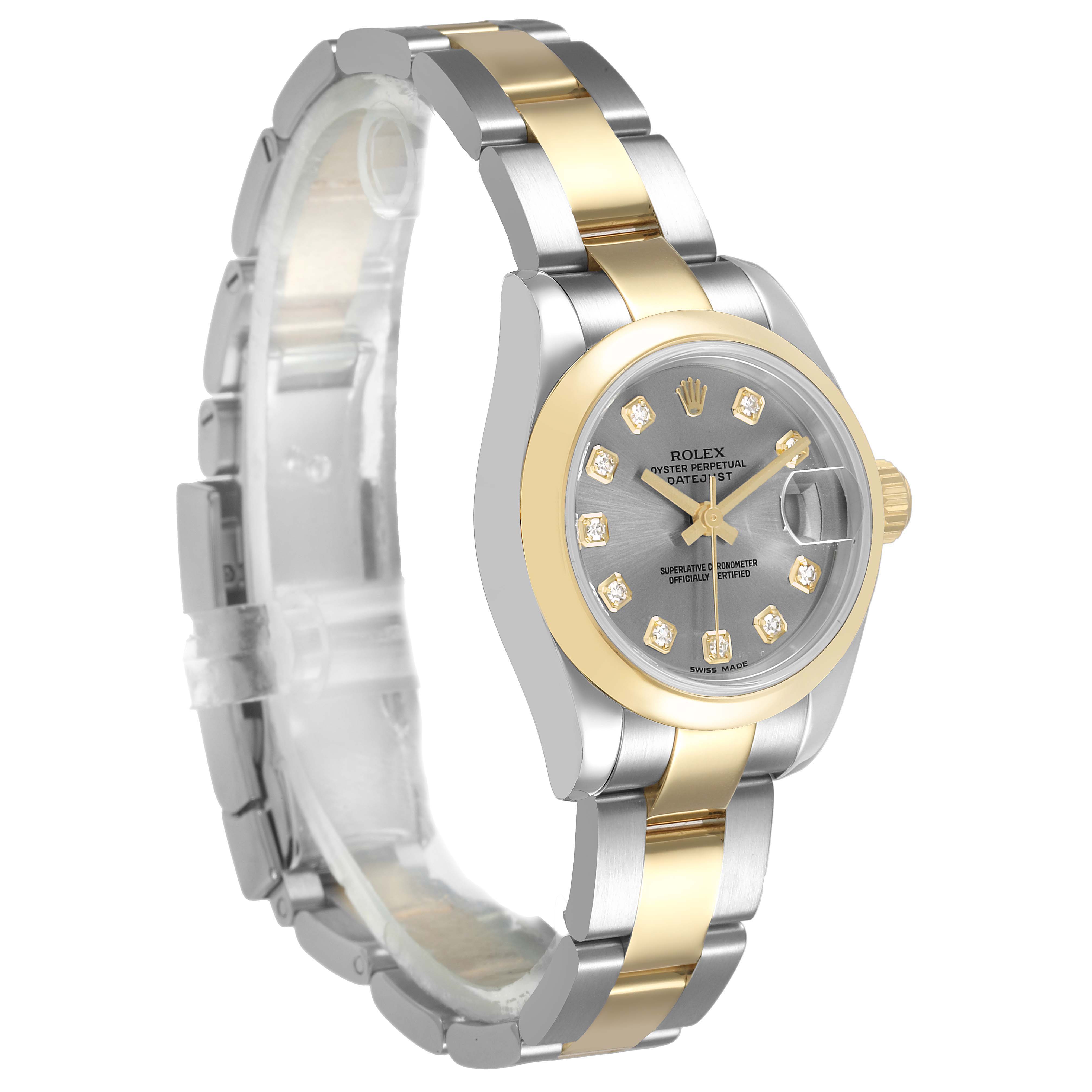 The Rolex Datejust 179163 Women's Stainless Steel Grey Dial watch is shown at an angle highlighting the face, bezel, and part of the two-tone bracelet.