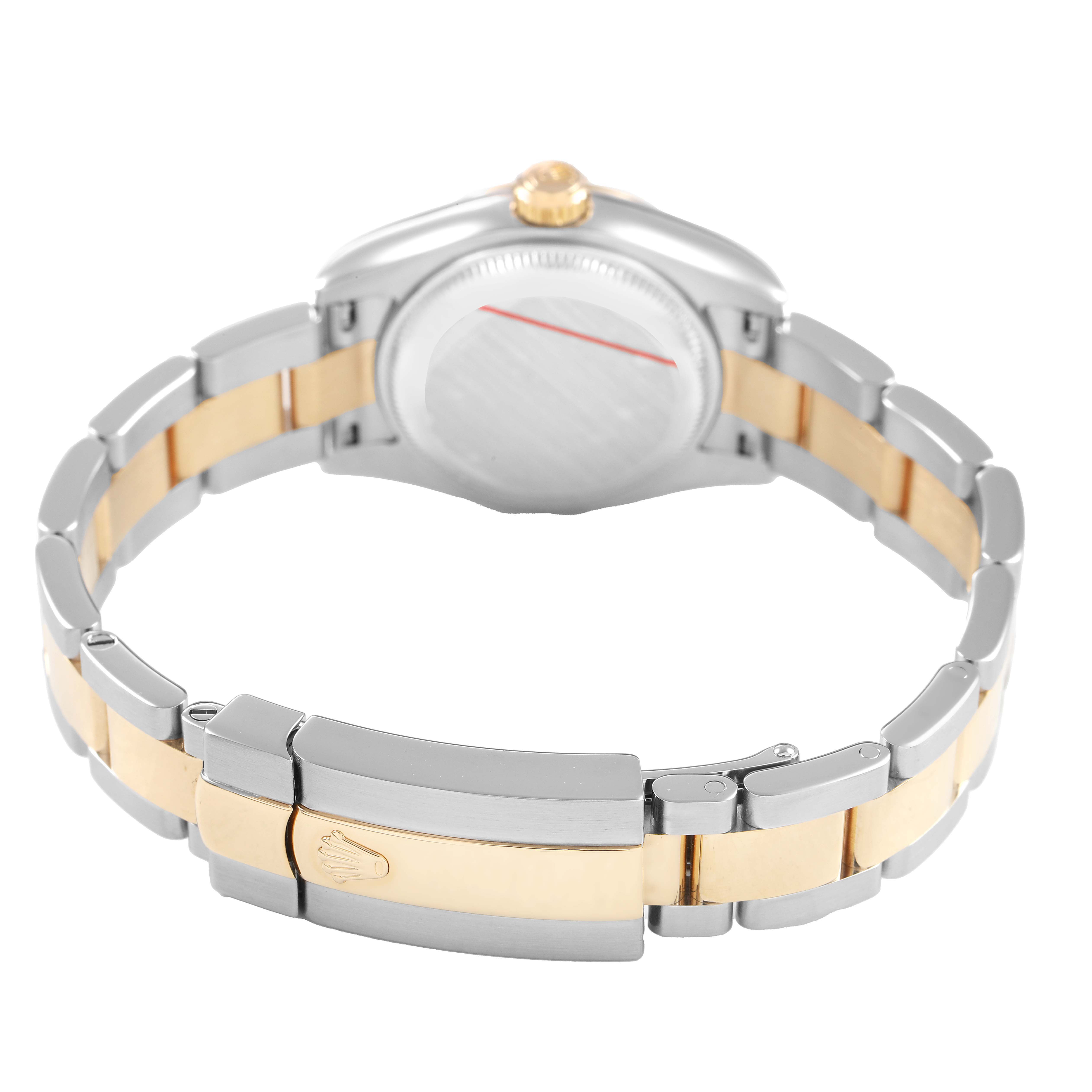 The image shows the back and bracelet of a Rolex Datejust 179163 Women's Stainless Steel Grey Dial, highlighting the clasp and two-tone metal design.