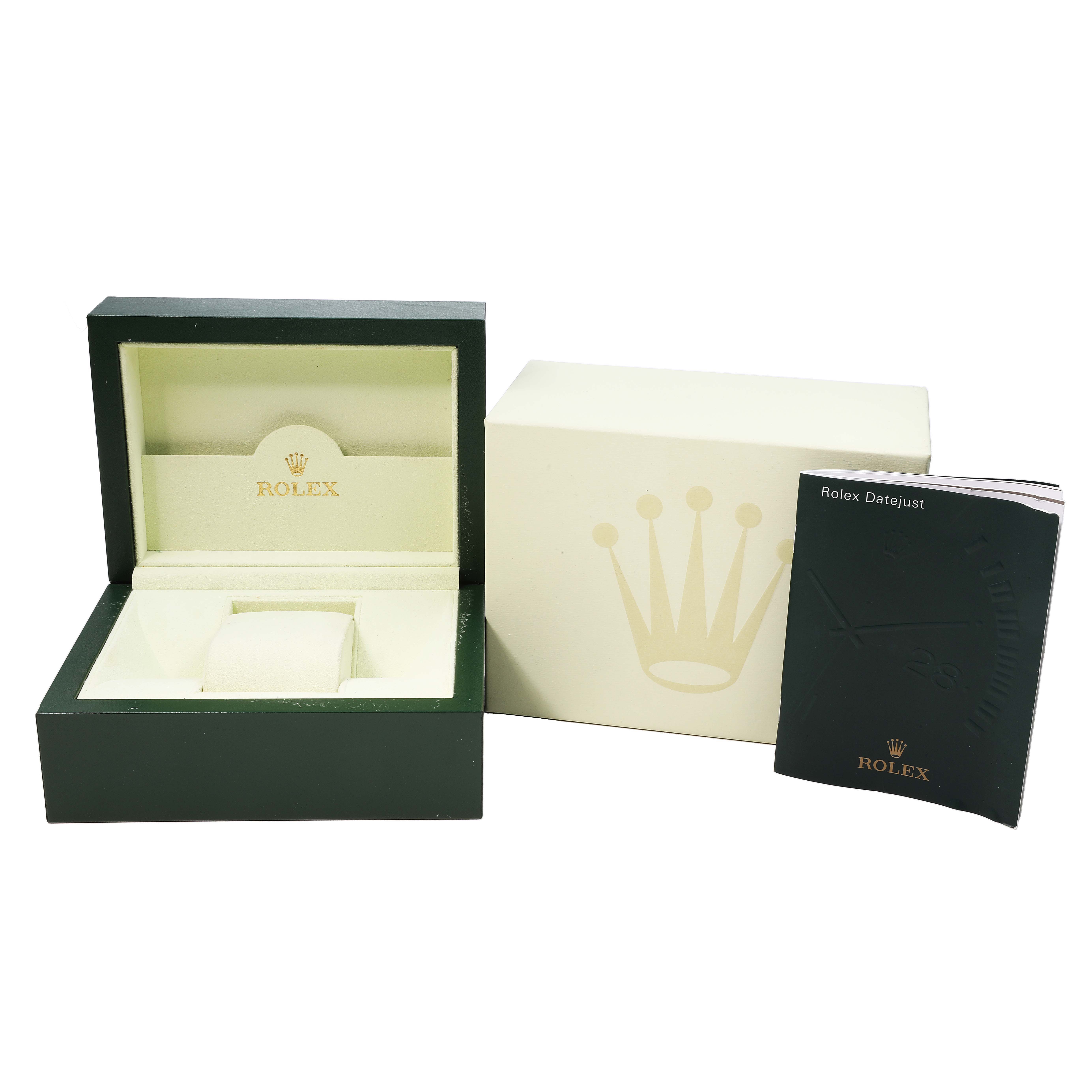 The image shows a Rolex Datejust 179163 Women's Stainless Steel Grey Dial accessory set, including the open watch box, outer box, and manual.