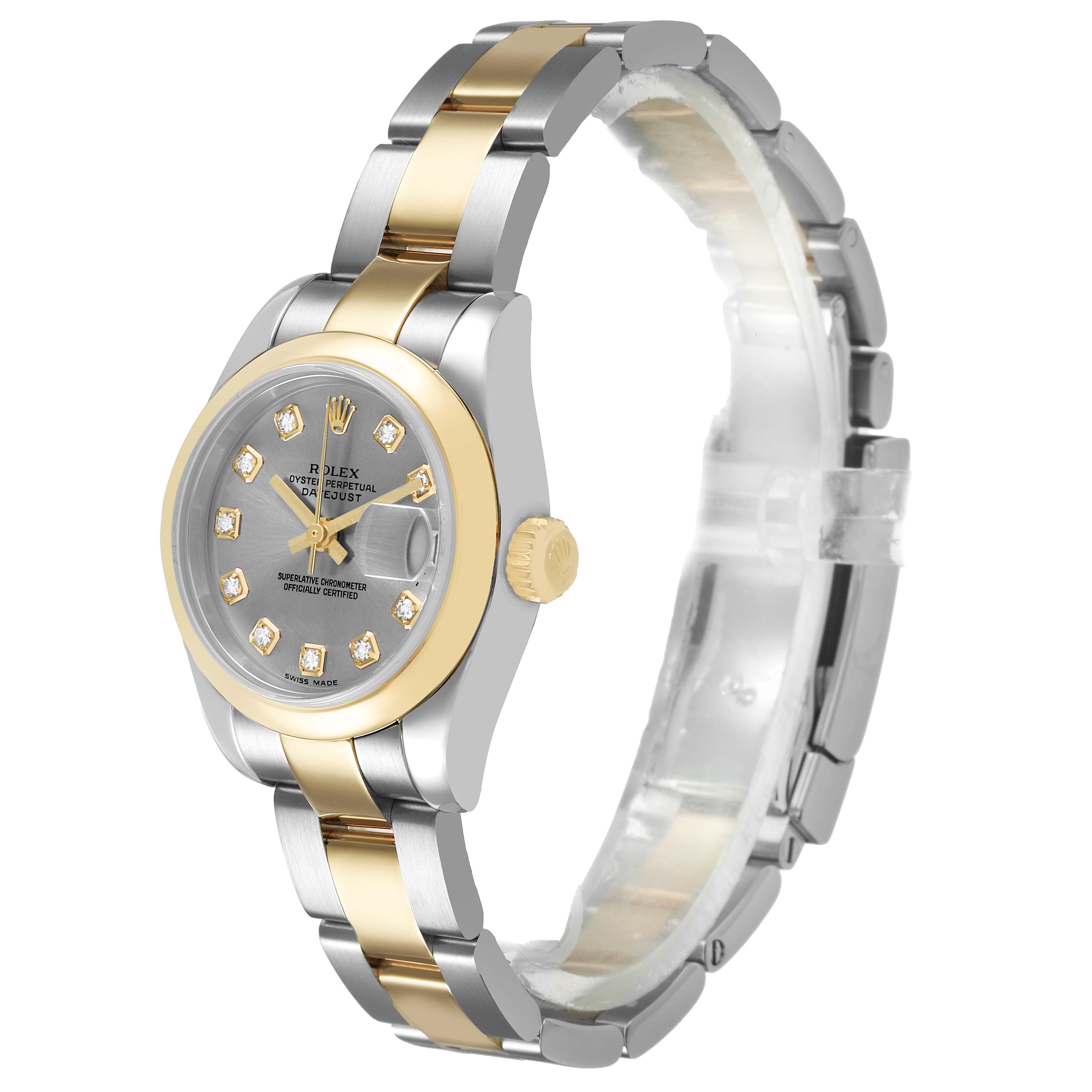 The Rolex Datejust 179163 Women's Stainless Steel Grey Dial watch is shown at a three-quarter angle displaying the face, bezel, crown, and partially the bracelet.