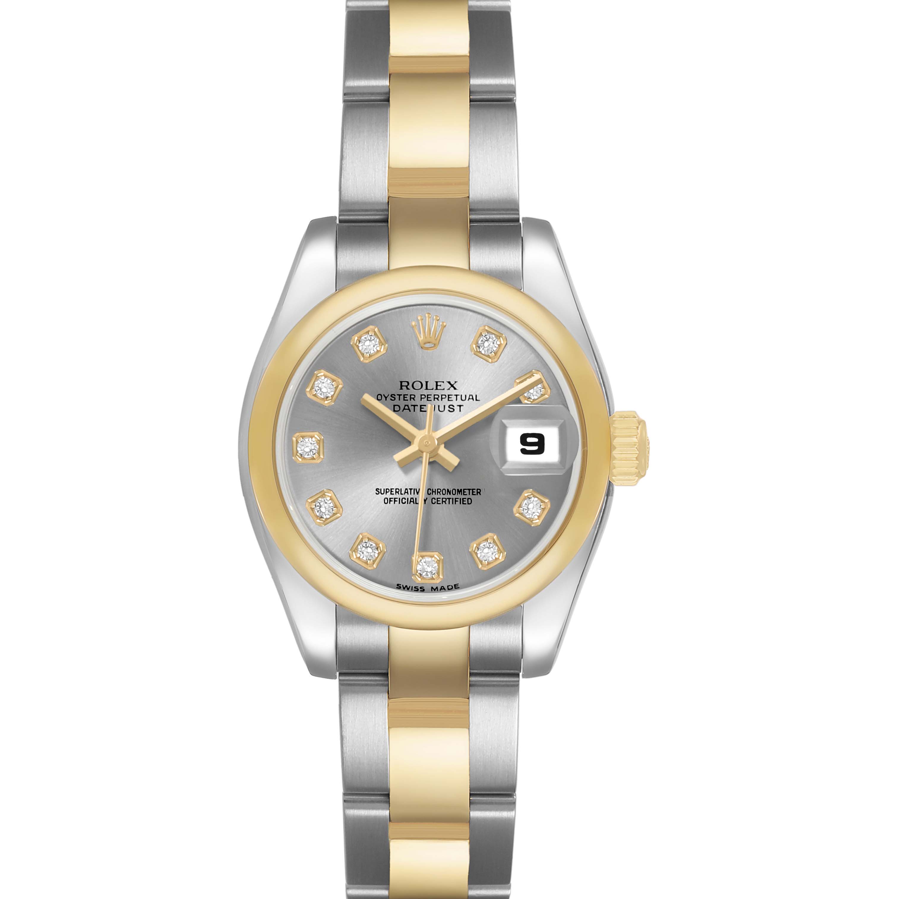 The Rolex Datejust 179163 Women's Stainless Steel Grey Dial watch is shown from a top-down angle, displaying the dial, bezel, bracelet, and crown.