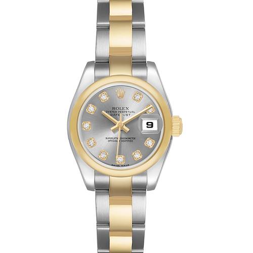 The Rolex Datejust 179163 Women's Stainless Steel Grey Dial watch is shown from a direct front view, highlighting its dial, bezel, hands, and bracelet.
