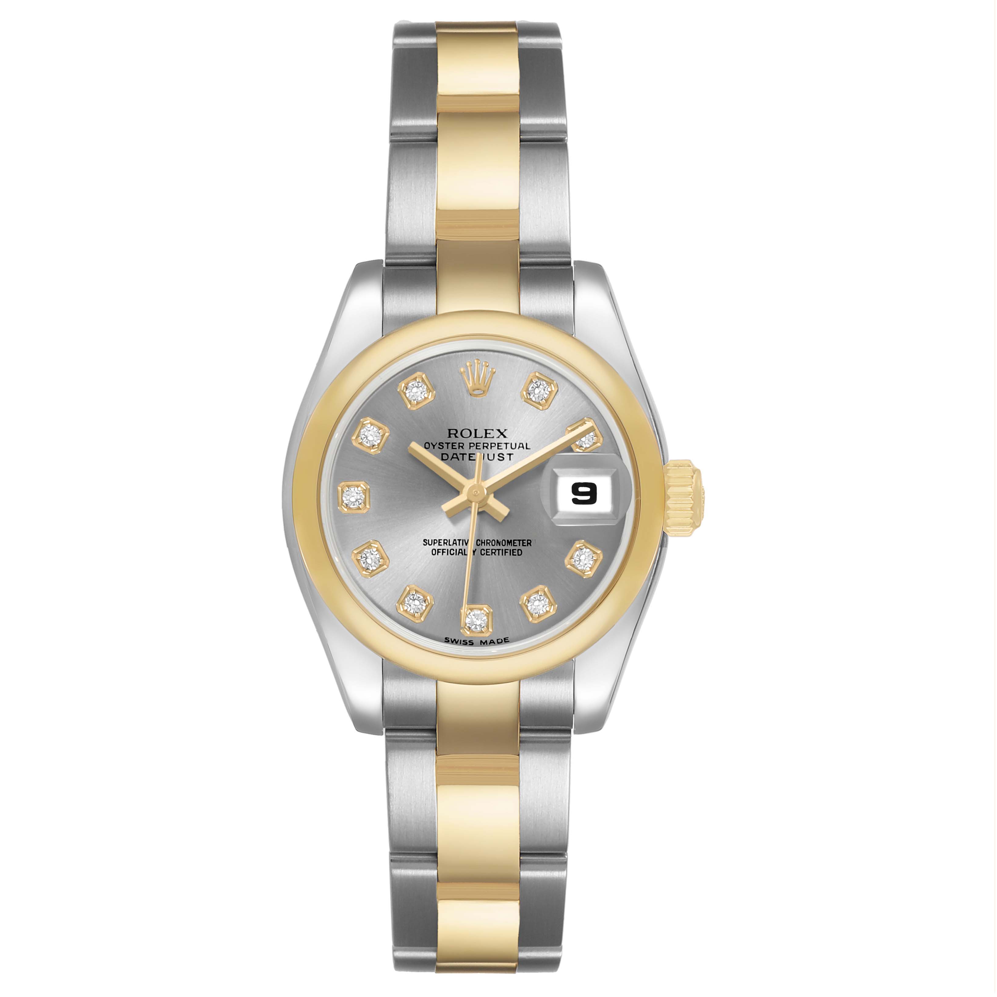 The Rolex Datejust 179163 Women's Stainless Steel Grey Dial watch is shown from the front, highlighting the dial, bezel, bracelet, and date window.