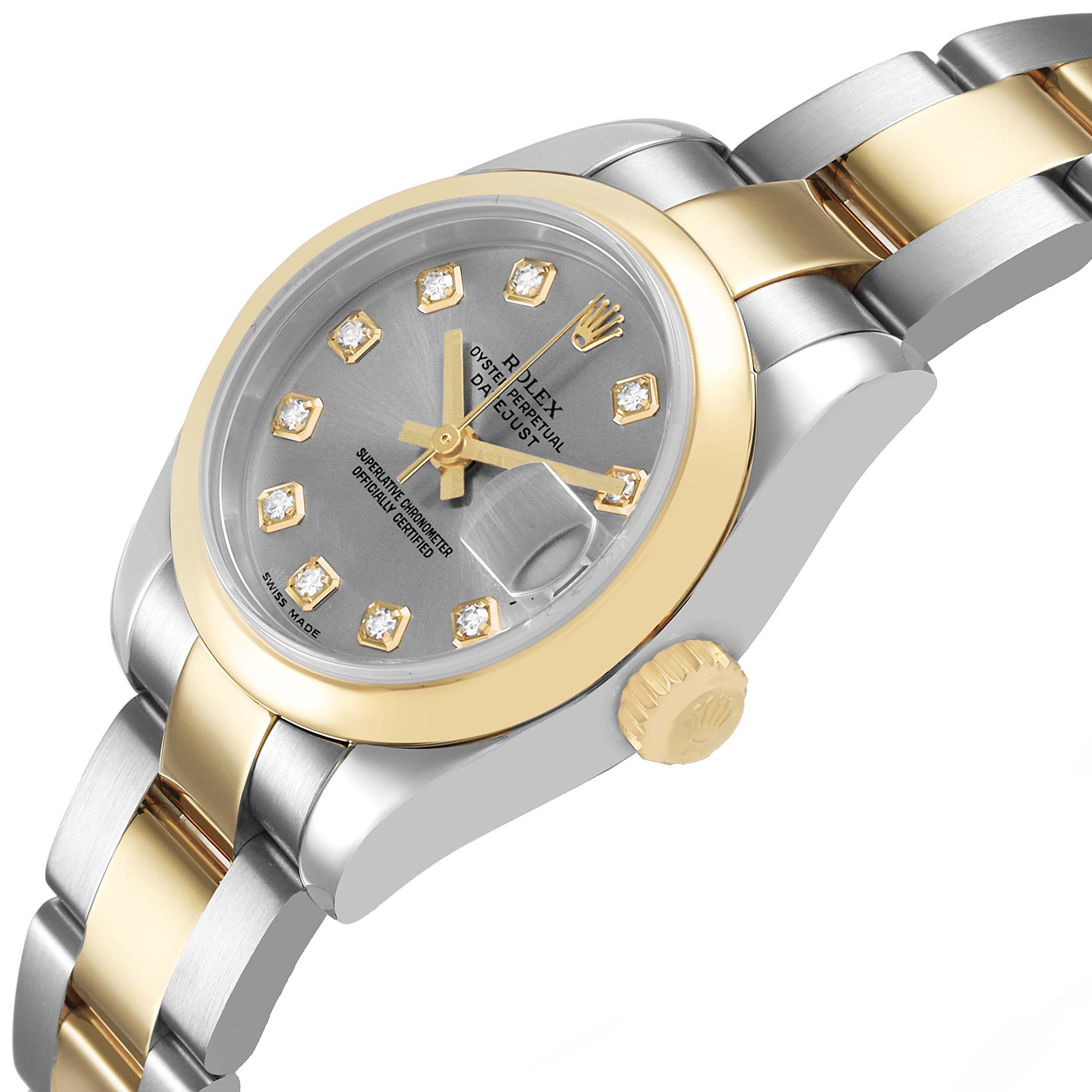 The Rolex Datejust 179163 Women's Stainless Steel Grey Dial watch is shown at an angle highlighting the dial, bezel, crown, and part of the bracelet.