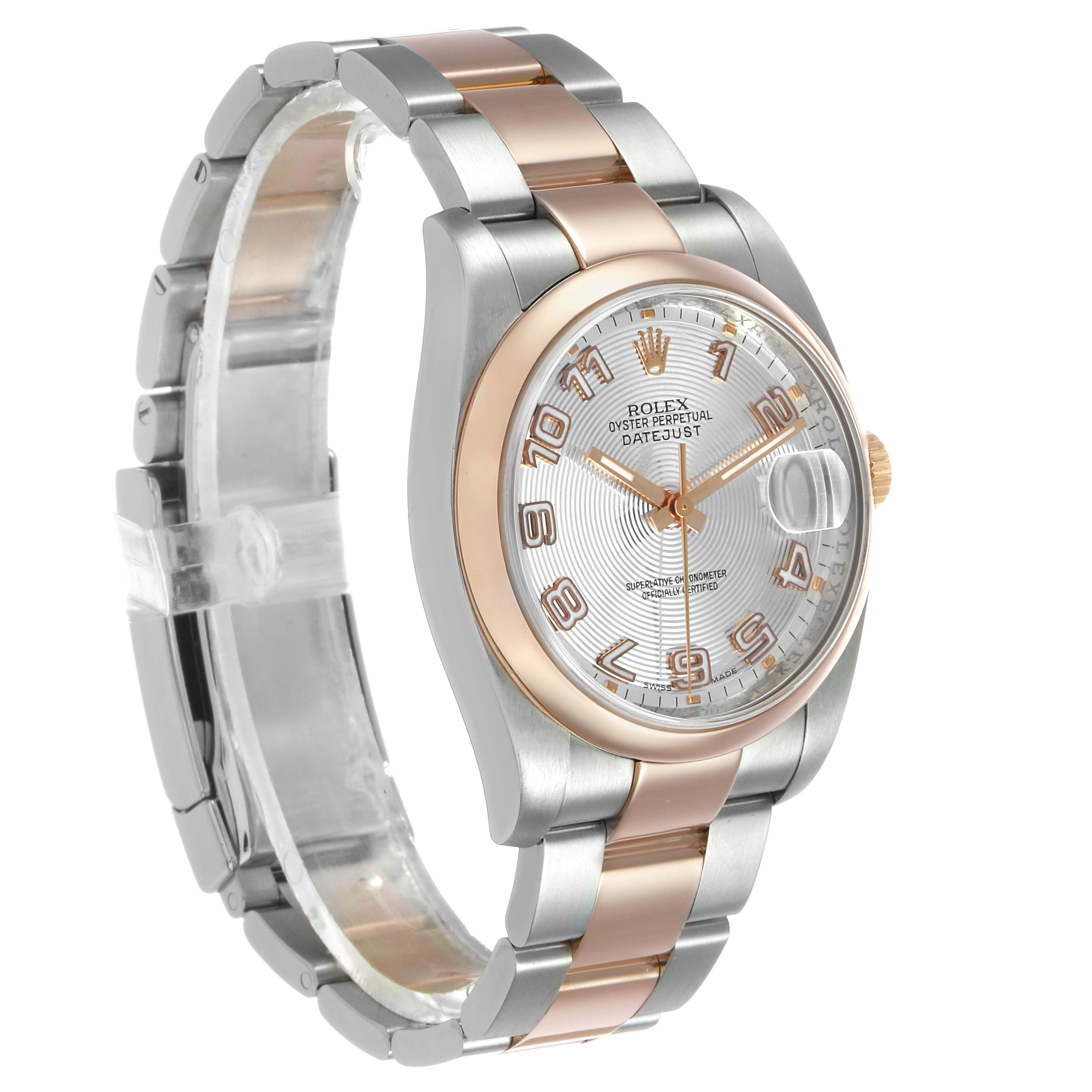 The Rolex Datejust 116201 Men's Stainless Steel Silver Dial is shown at a three-quarter angle, highlighting the dial, bezel, and bracelet with a two-tone design.