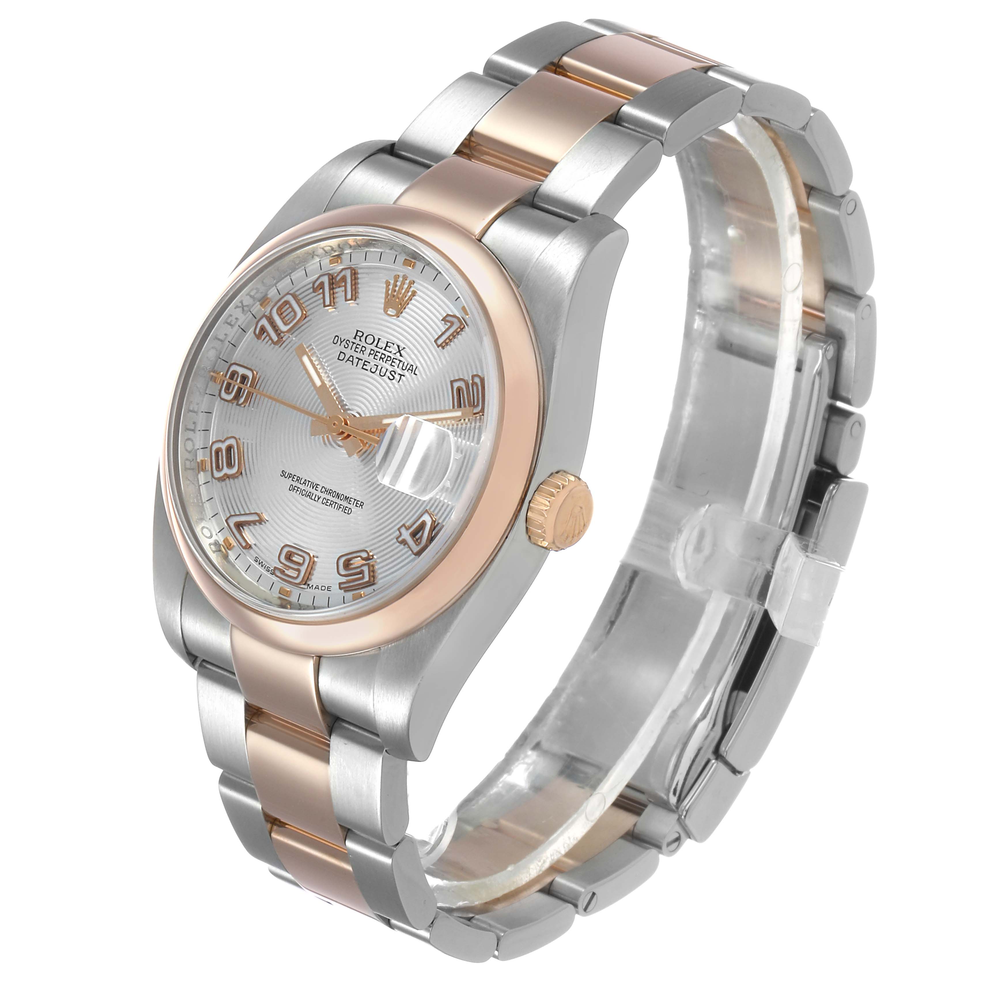 The Rolex Datejust 116201 Men's Stainless Steel Silver Dial watch is shown at a three-quarter angle, highlighting the two-tone bracelet, case, dial, and crown.