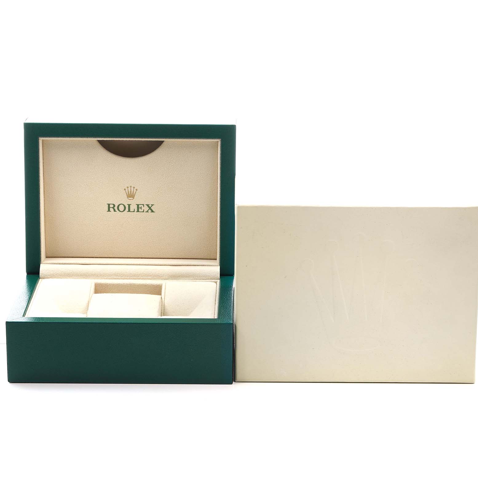 The image shows a Rolex Datejust 116201 Men's Stainless Steel Silver Dial watch box and its outer sleeve, both viewed from the front.