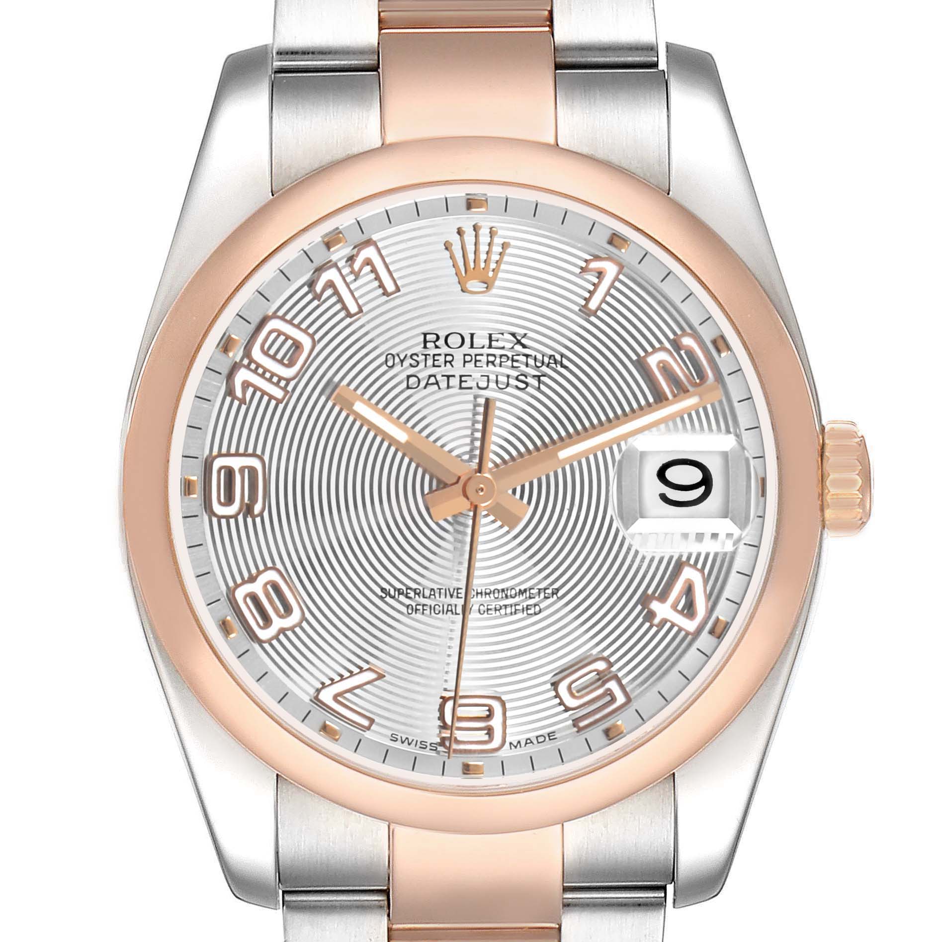 The Rolex Datejust 116201 Men's Stainless Steel Silver Dial watch is shown from the front, displaying the dial, bezel, and part of the bracelet.