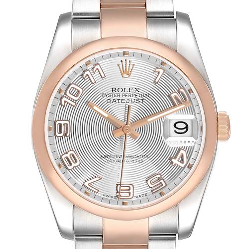 The Rolex Datejust 116201 Men's Stainless Steel Silver Dial watch is shown from the front, featuring its dial, bezel, indices, hands, and part of the bracelet.