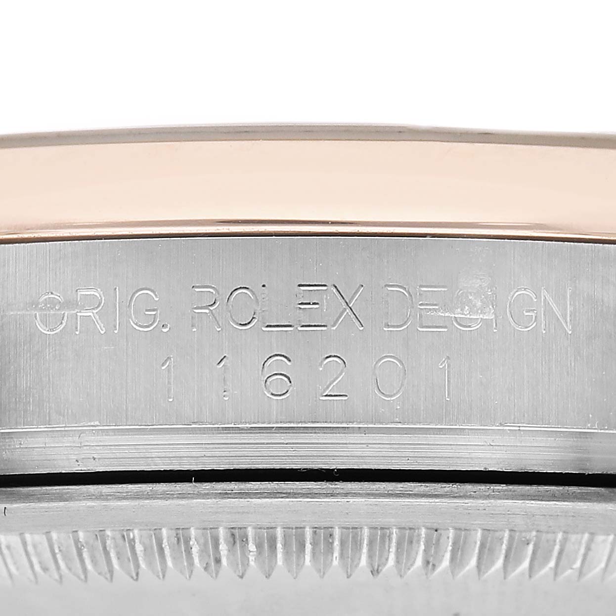 The image shows a close-up of the Rolex Datejust 116201 Men's Stainless Steel Silver Dial's side case, highlighting "ORIG. ROLEX DESIGN" with the serial number.