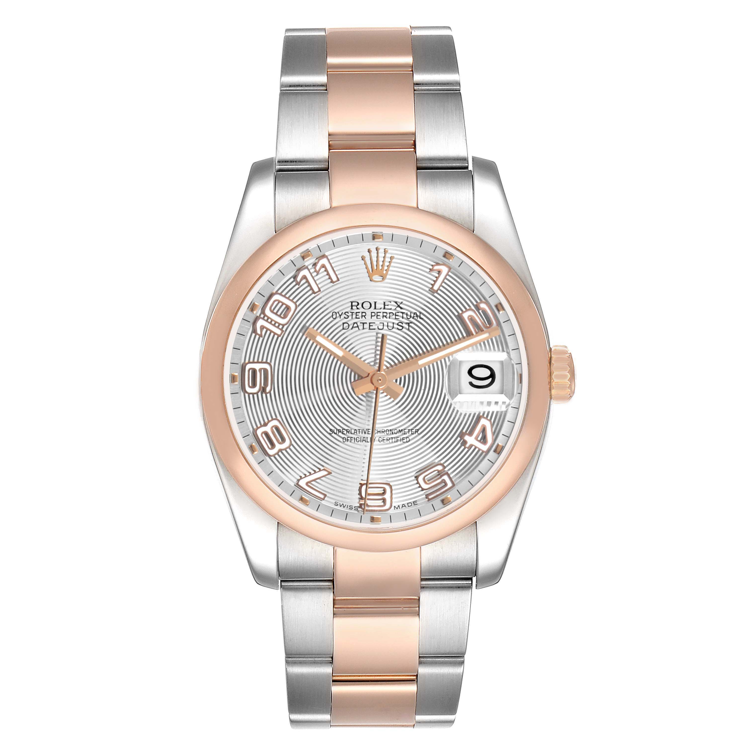 The Rolex Datejust 116201 Men's Stainless Steel Silver Dial watch is shown from a top view, highlighting the face, bezel, and bracelet.