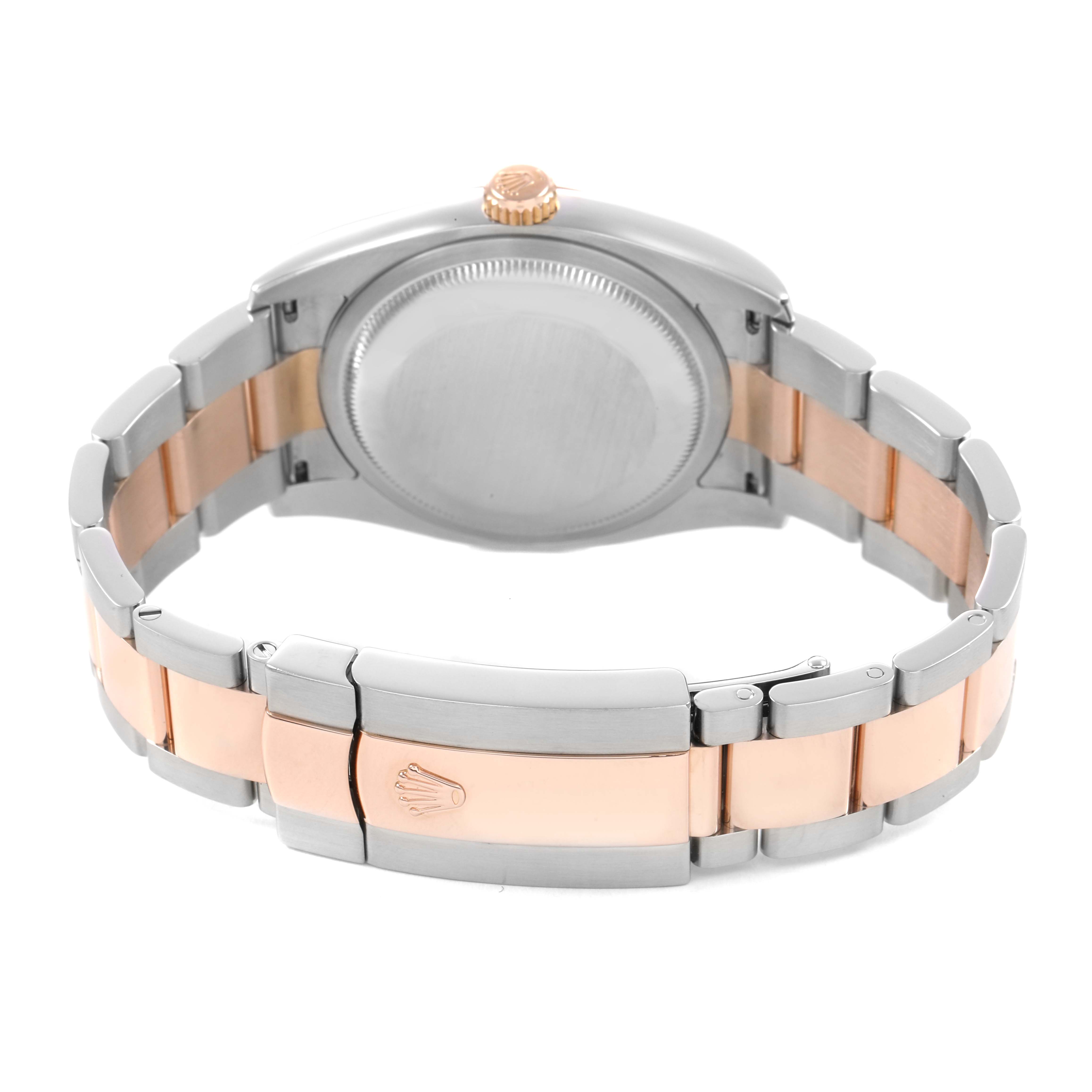 The image shows the back of a Rolex Datejust 116201 Men's Stainless Steel Silver Dial watch, highlighting the case, crown, and two-tone bracelet.