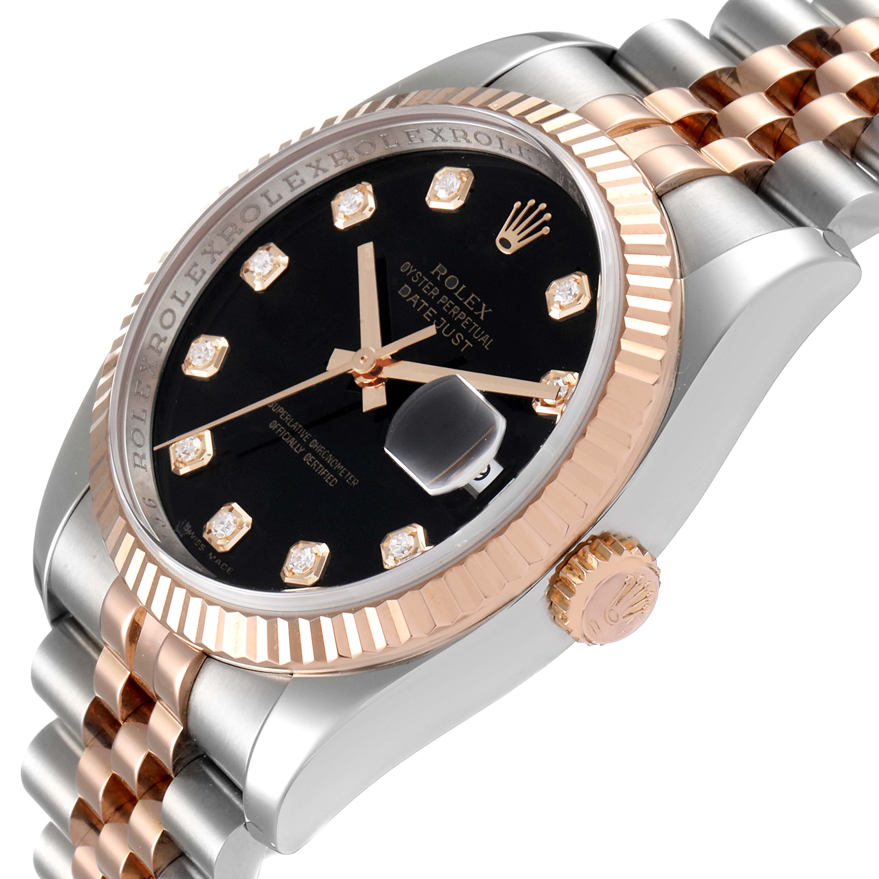 The image shows a close-up angled view of the Rolex Datejust 116231 Men's Steel and Gold (two tone) Black Dial 116231 Men's Steel and Gold (two tone) Black Dial watch, highlighting the face, bezel, and part of the bracelet.