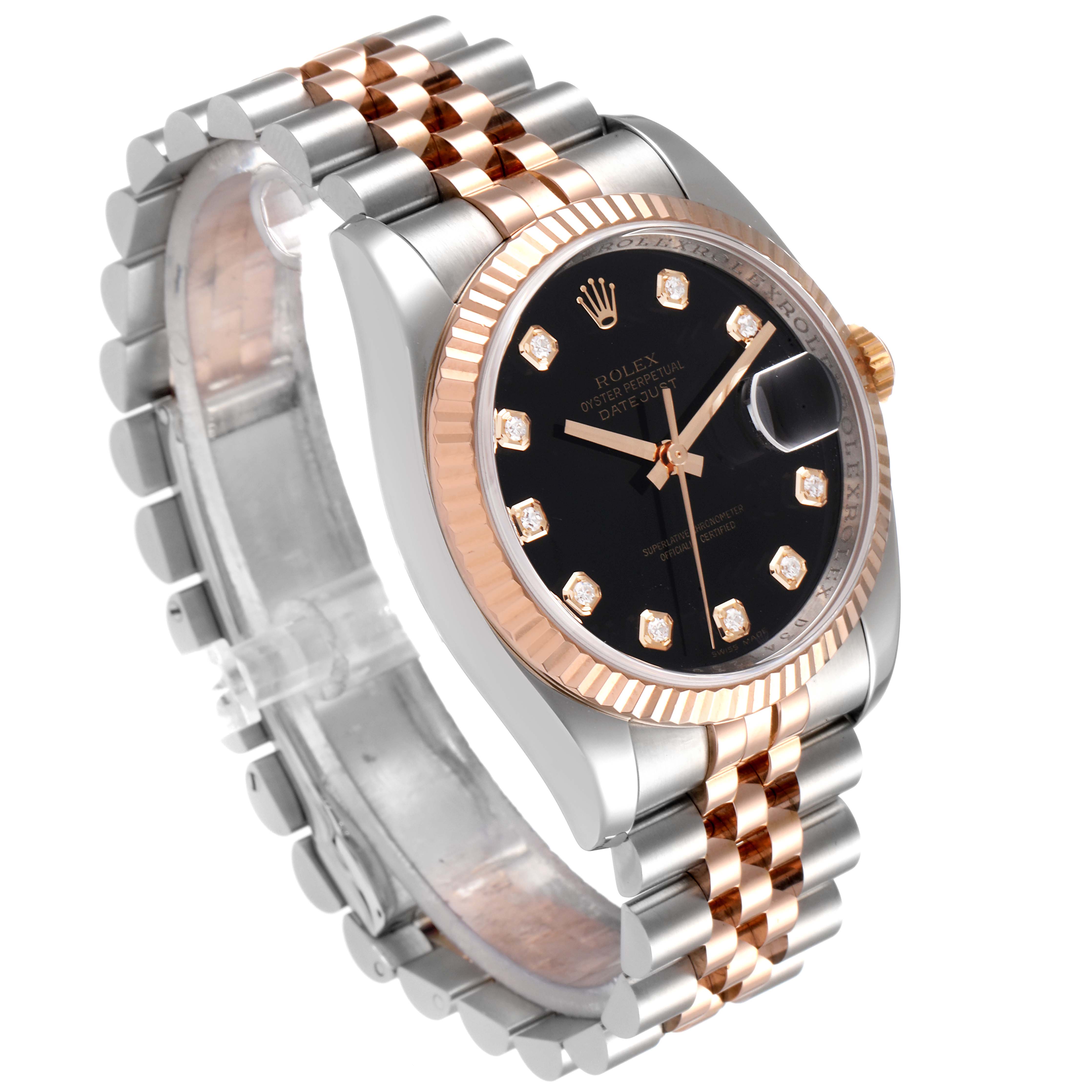 The Rolex Datejust 116231 Men's Steel and Gold (two tone) Black Dial 116231 Men's Steel and Gold (two tone) Black Dial watch is shown at an angle displaying its black dial, diamond markers, fluted bezel, and Jubilee bracelet.