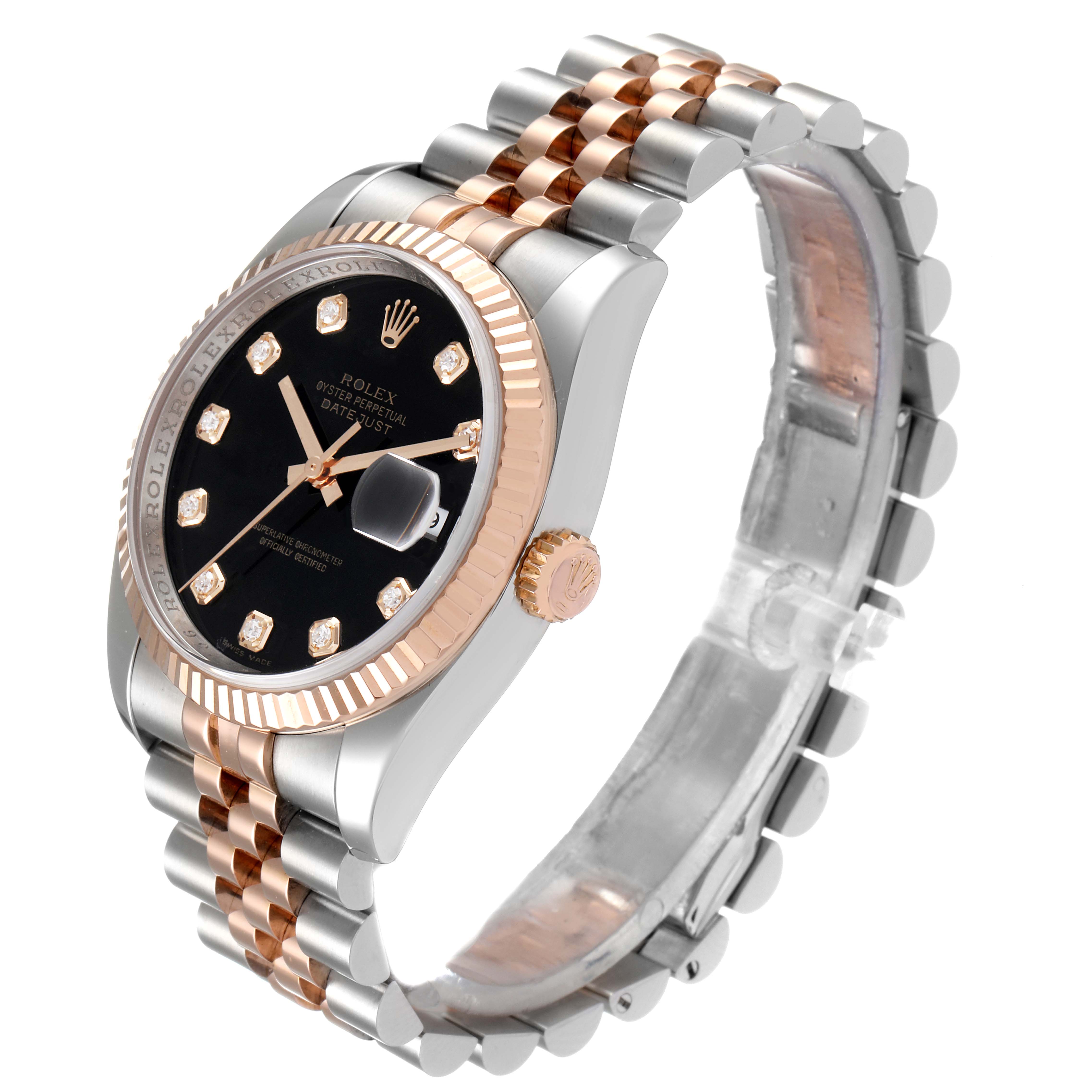 The Rolex Datejust 116231 Men's Steel and Gold (two tone) Black Dial 116231 Men's Steel and Gold (two tone) Black Dial watch is shown at an angle displaying its face, bezel, crown, and bracelet.