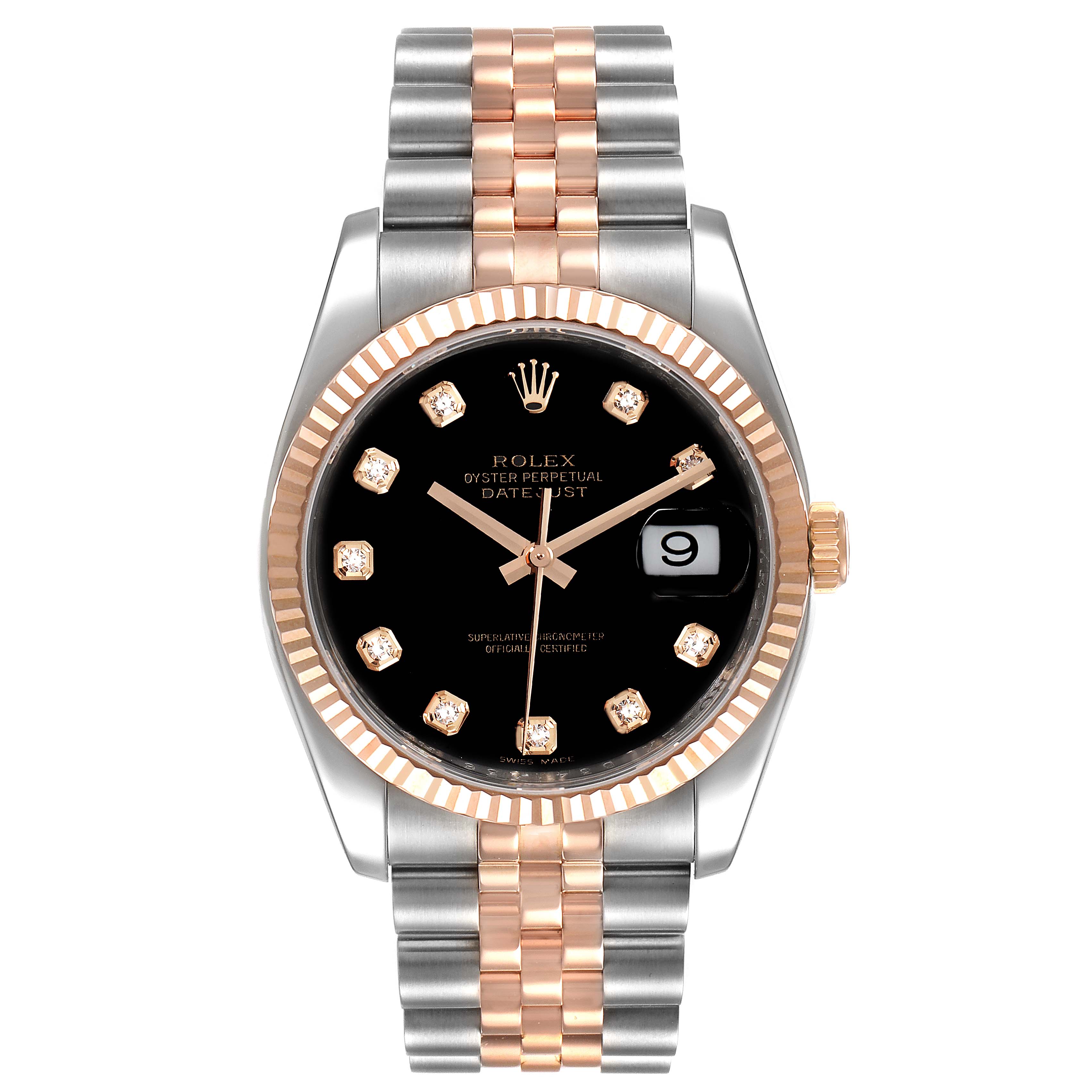 The Rolex Datejust 116231 Men's Steel and Gold (two tone) Black Dial 116231 Men's Steel and Gold (two tone) Black Dial watch is shown from a front angle, displaying the black dial, fluted bezel, and two-tone bracelet.