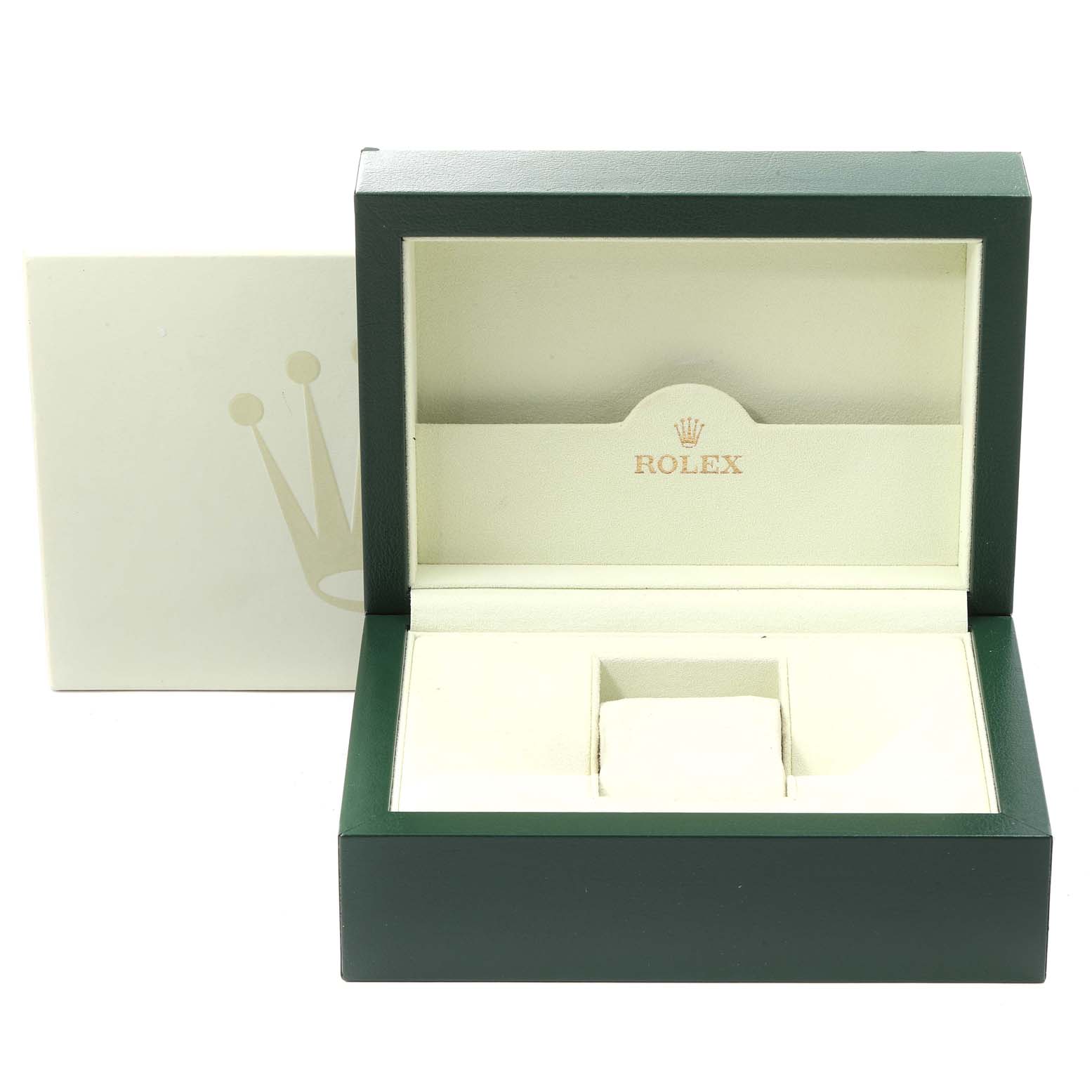 The image showcases an open Rolex watch box for the Datejust model, with green and white colors prominently displayed.