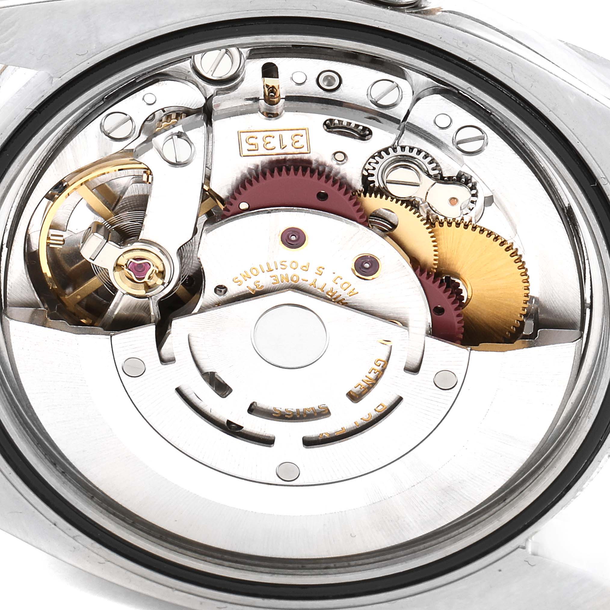 This image shows the inner mechanical movement of a Rolex Datejust 116231 Men's Steel and Gold (two tone) Black Dial 116231 Men's Steel and Gold (two tone) Black Dial watch, viewed from the back.