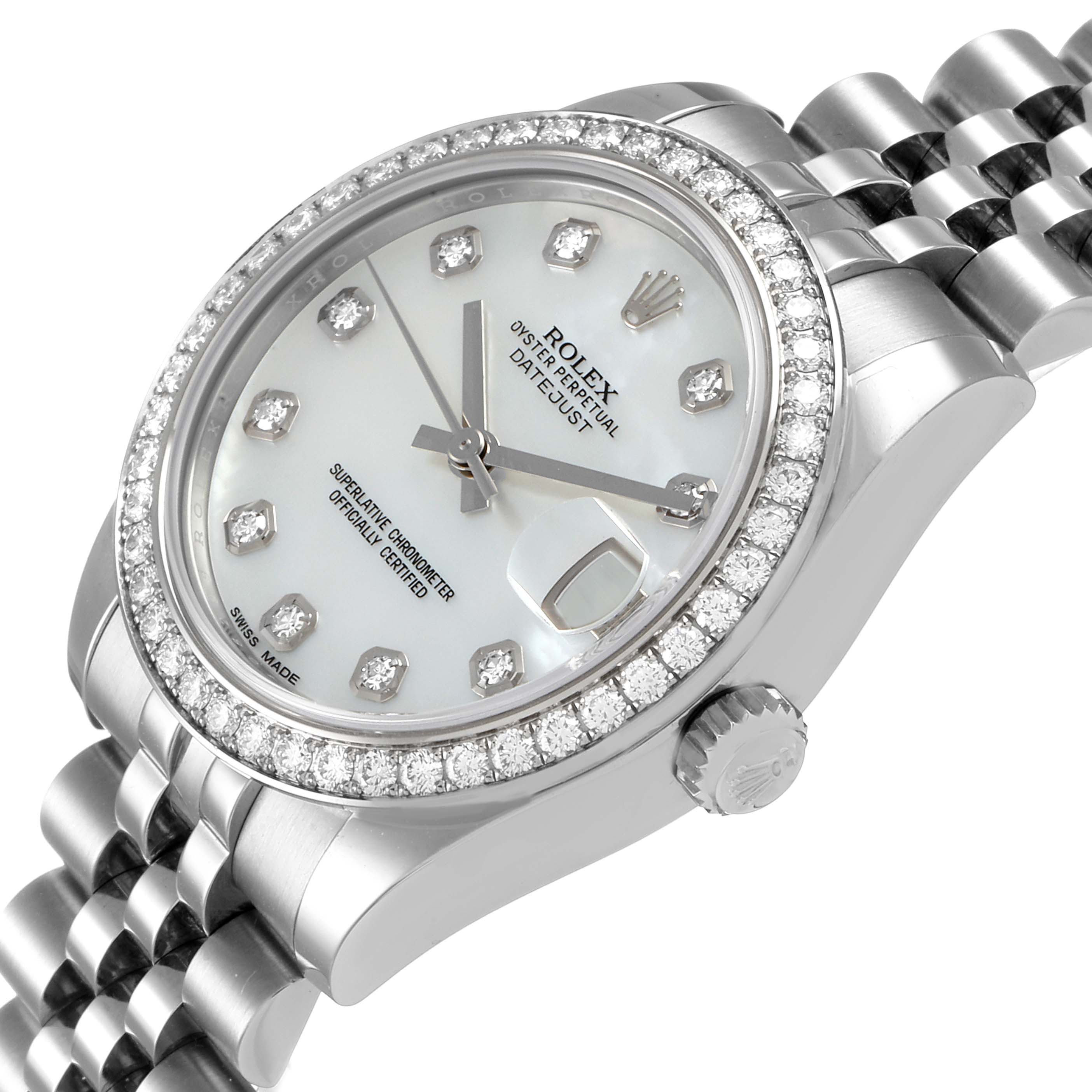 This image of a Rolex Mid-Size 178384 Women
s Stainless Steel Mother of Pearl Dial 178384 Women
s Stainless Steel Mother of Pearl Dial Datejust watch shows a close-up angle focusing on the face, bezel, and part of the bracelet.