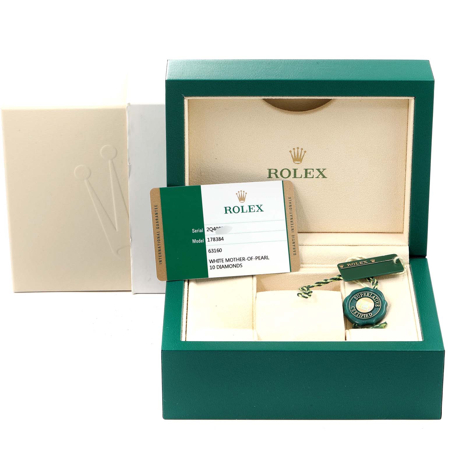 The image shows a Rolex Mid-Size 178384 Women
s Stainless Steel Mother of Pearl Dial 178384 Women
s Stainless Steel Mother of Pearl Dial model watch box with certification card and tag from a slightly elevated front angle.