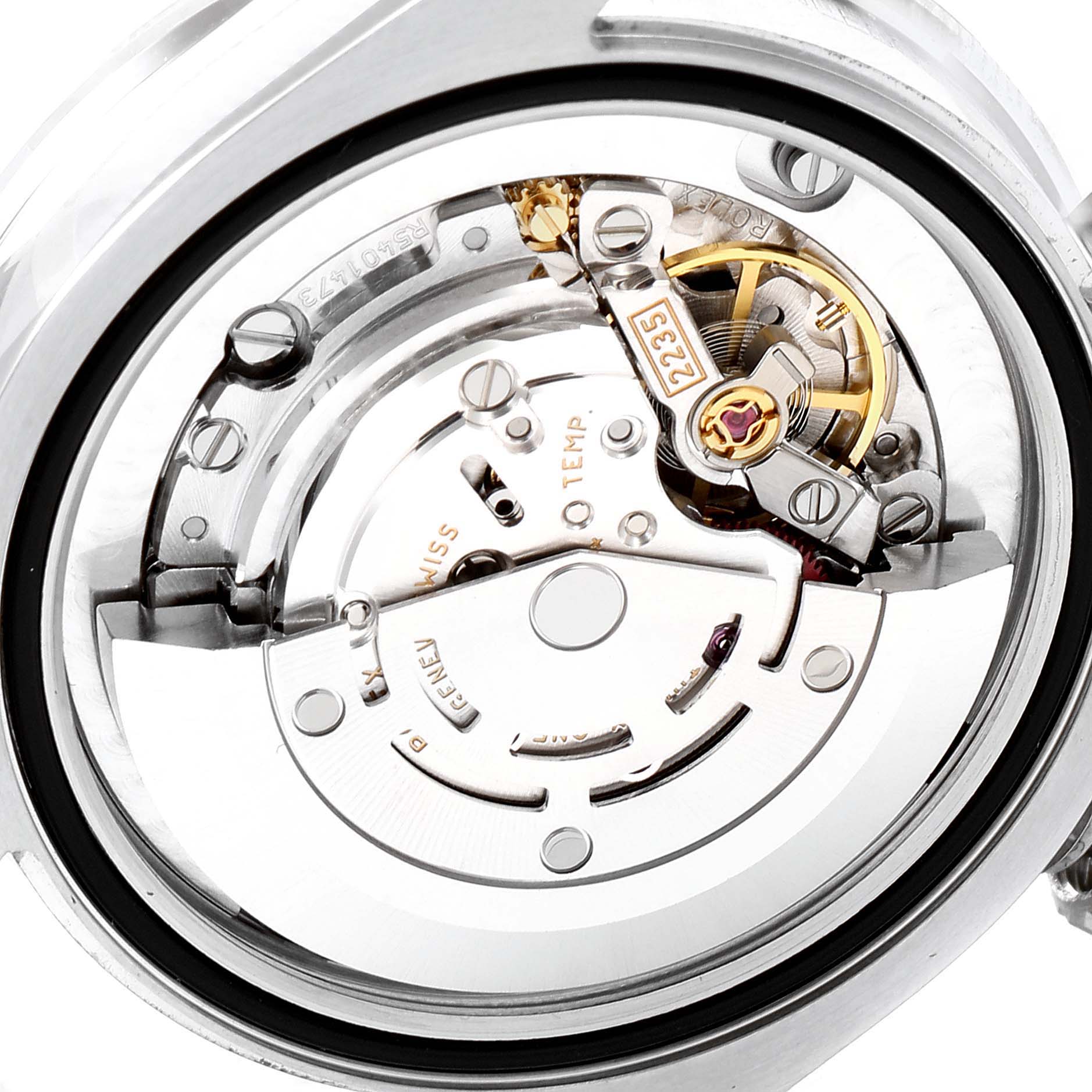 This is a close-up view of the inner mechanical components of a Rolex Mid-Size 178384 Women
s Stainless Steel Mother of Pearl Dial 178384 Women
s Stainless Steel Mother of Pearl Dial watch.