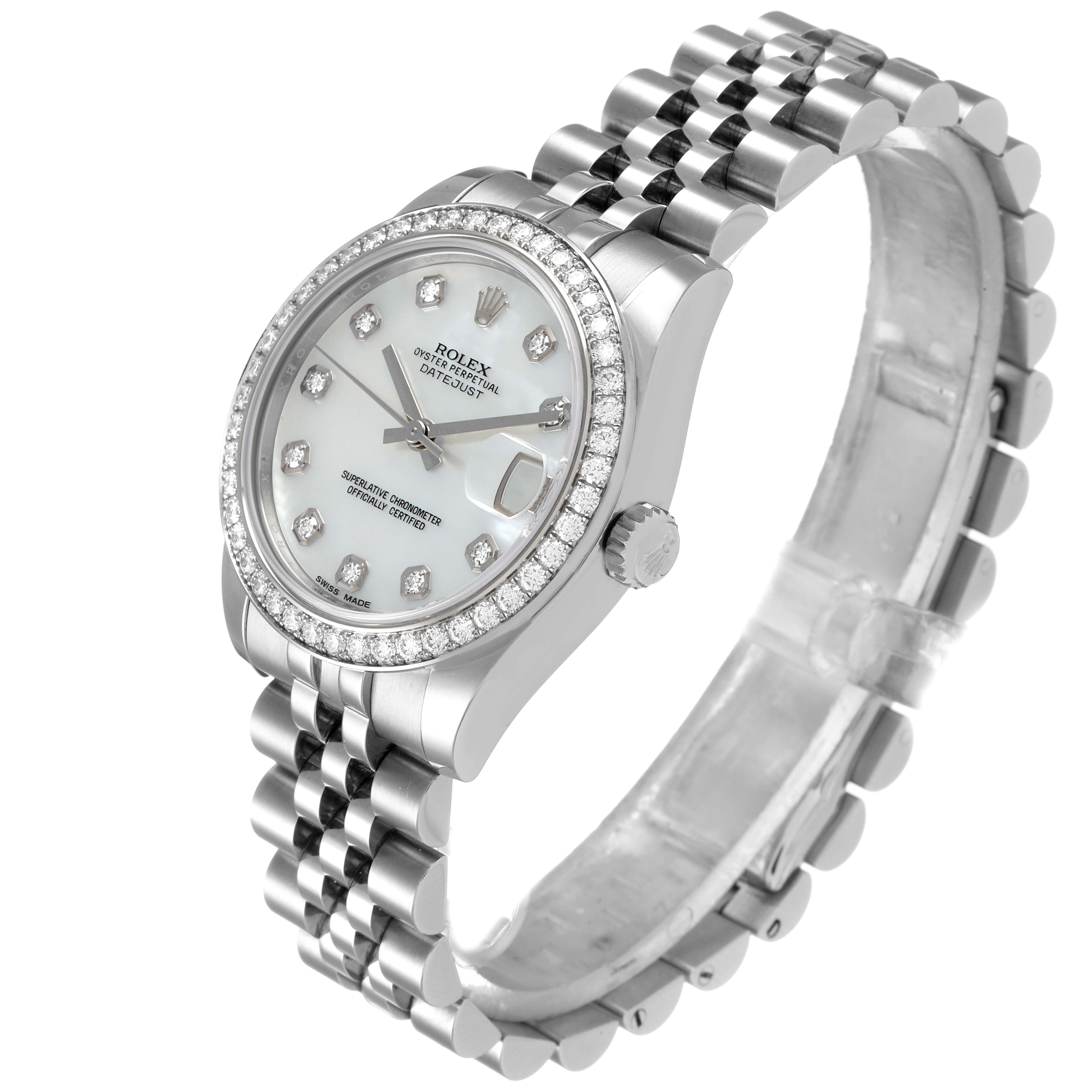 The image shows a side angle of a Rolex Mid-Size 178384 Women
s Stainless Steel Mother of Pearl Dial 178384 Women
s Stainless Steel Mother of Pearl Dial model watch, displaying the face, bezel, crown, and part of the bracelet.