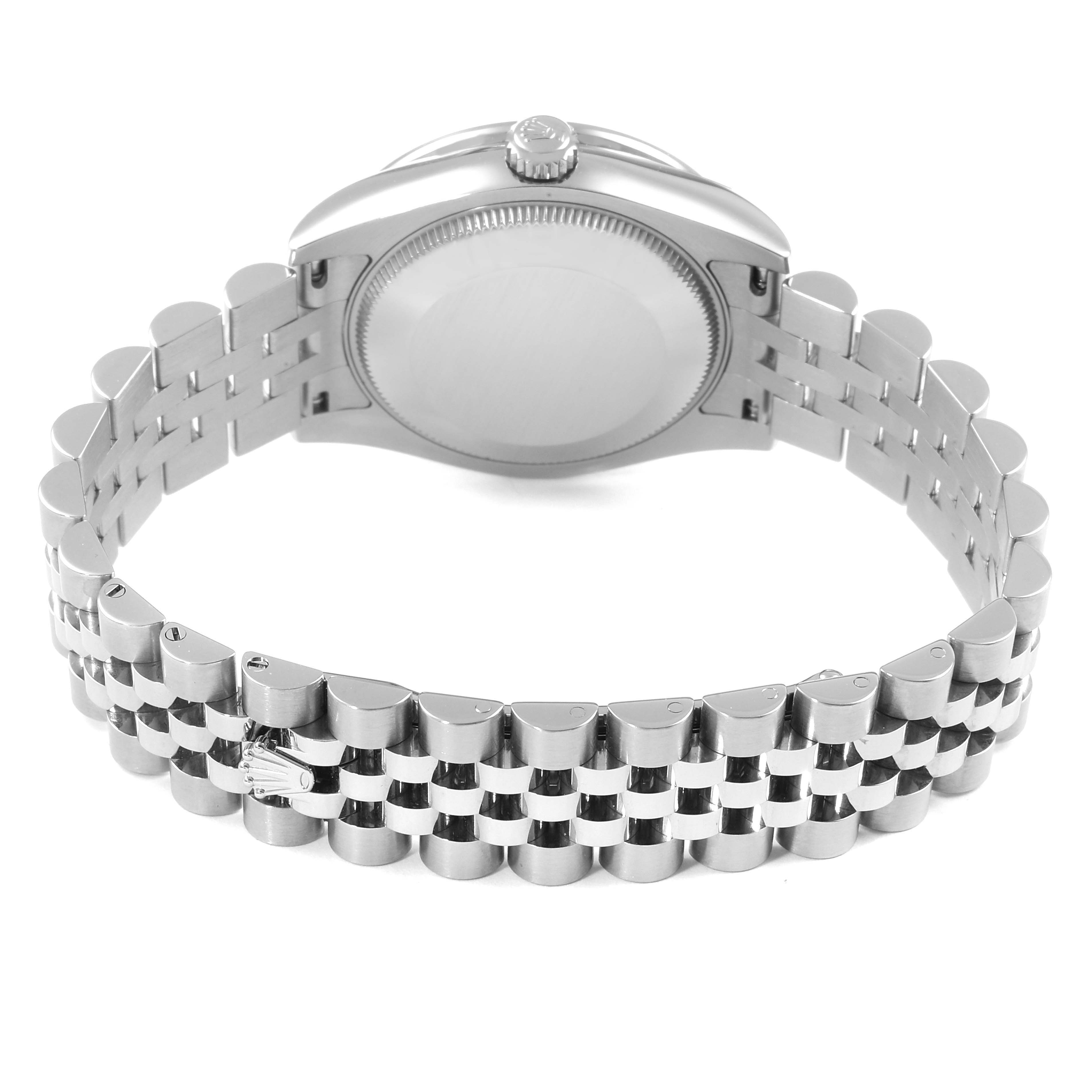 The image shows the back view and bracelet of a Rolex Mid-Size 178384 Women
s Stainless Steel Mother of Pearl Dial 178384 Women
s Stainless Steel Mother of Pearl Dial watch.