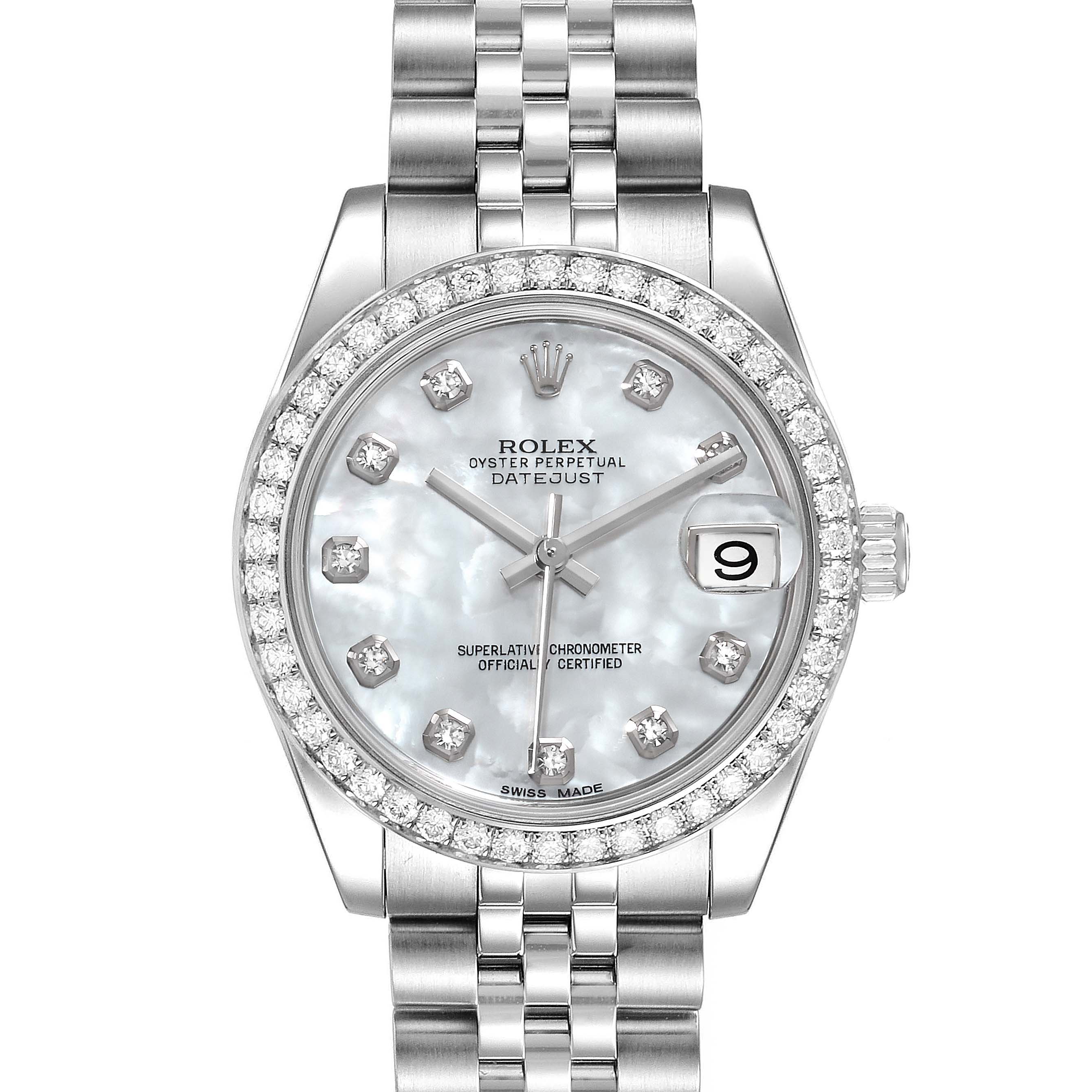 This image shows a frontal view of a Rolex Mid-Size 178384 Women
s Stainless Steel Mother of Pearl Dial 178384 Women
s Stainless Steel Mother of Pearl Dial Datejust watch featuring a diamond bezel and mother-of-pearl dial.