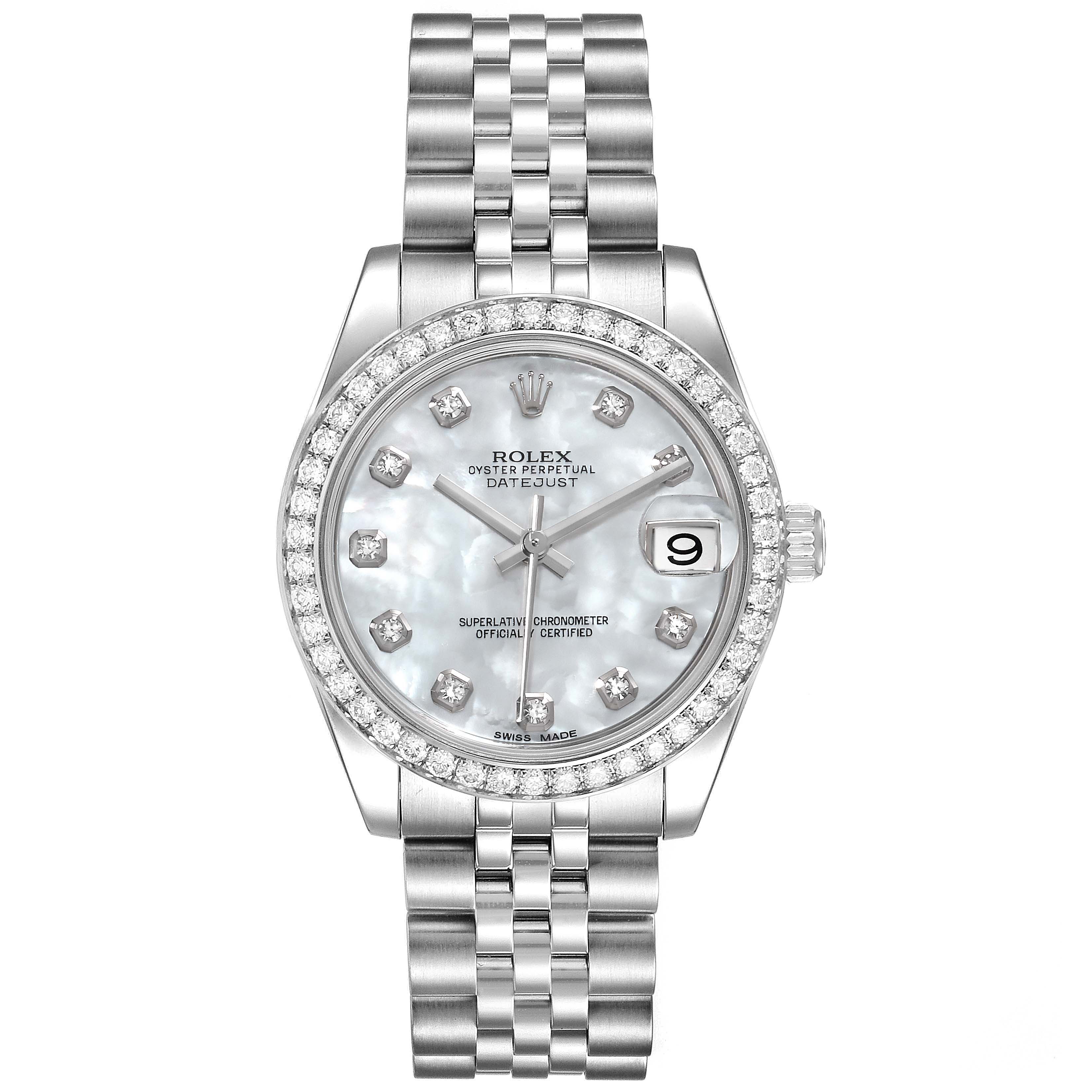 The image shows a front view of a Rolex Oyster Perpetual Datejust Mid-Size watch, displaying the dial, bezel, hands, and bracelet.