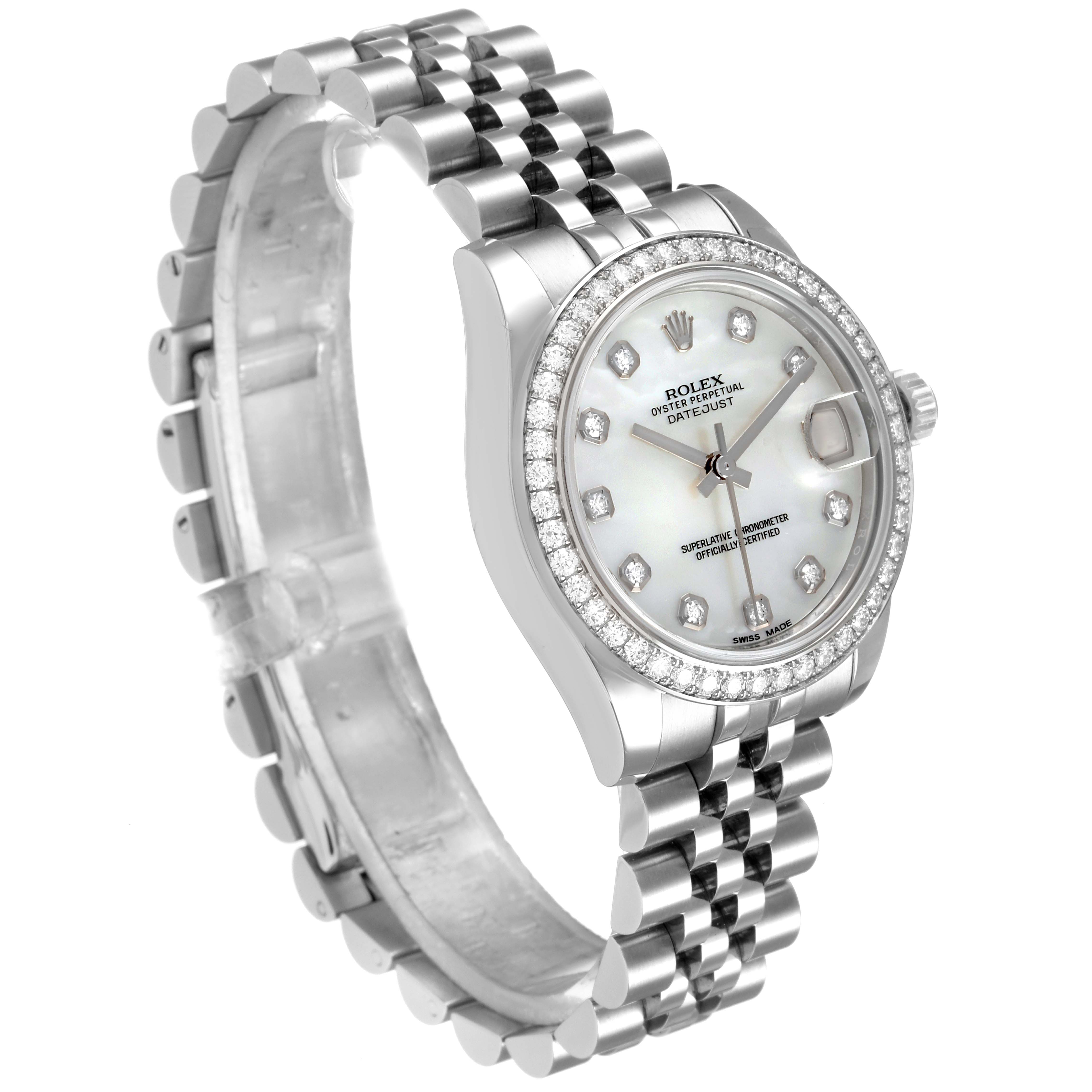 The image shows a side and angled view of a Rolex Mid-Size 178384 Women
s Stainless Steel Mother of Pearl Dial 178384 Women
s Stainless Steel Mother of Pearl Dial Datejust watch, highlighting its bezel, dial, and bracelet.