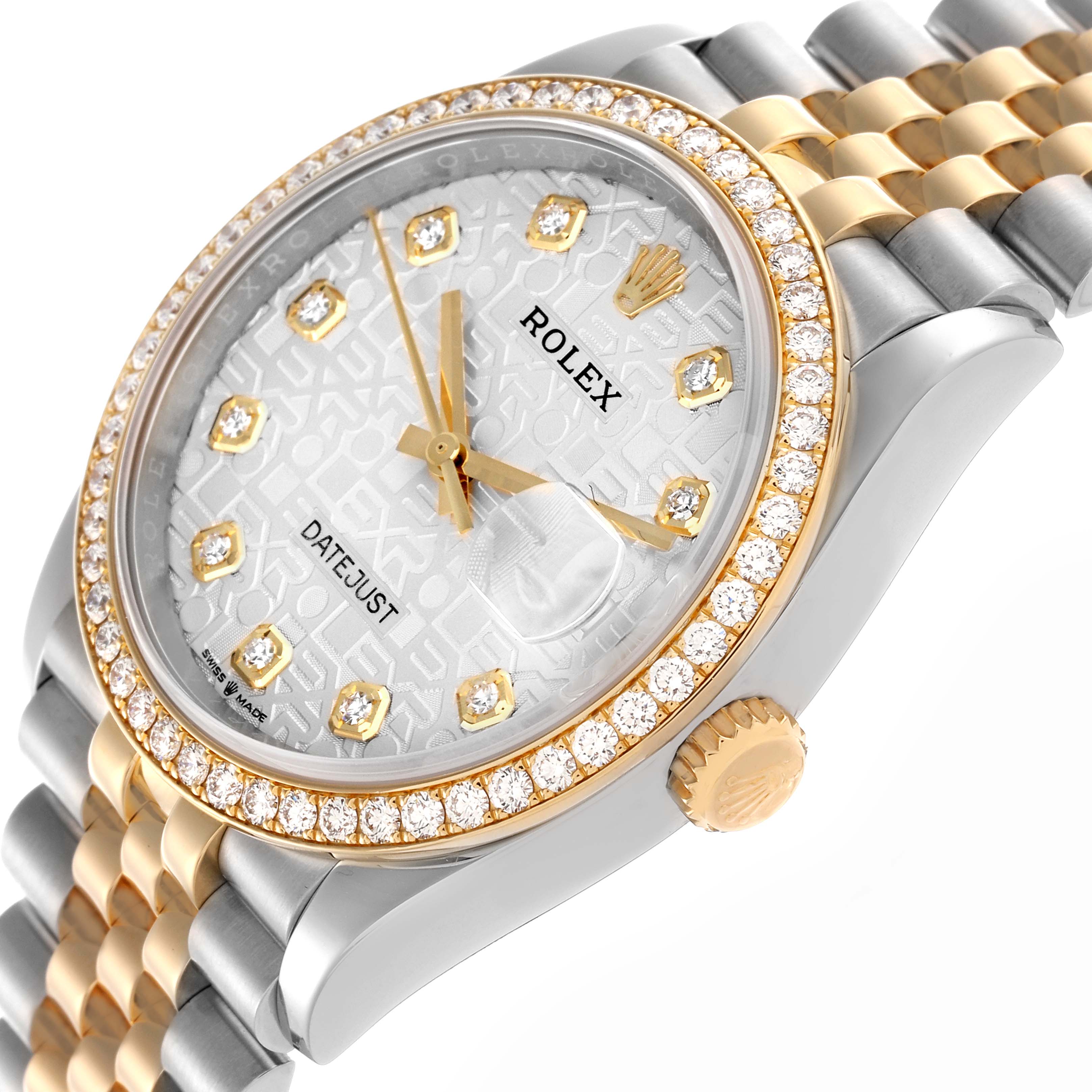 The Rolex Datejust 126283 Men
s Steel and Gold (two tone) Silver Dial 126283 Men
s Steel and Gold (two tone) Silver Dial watch is shown at an angle highlighting the face, bezel, crown, and bracelet.