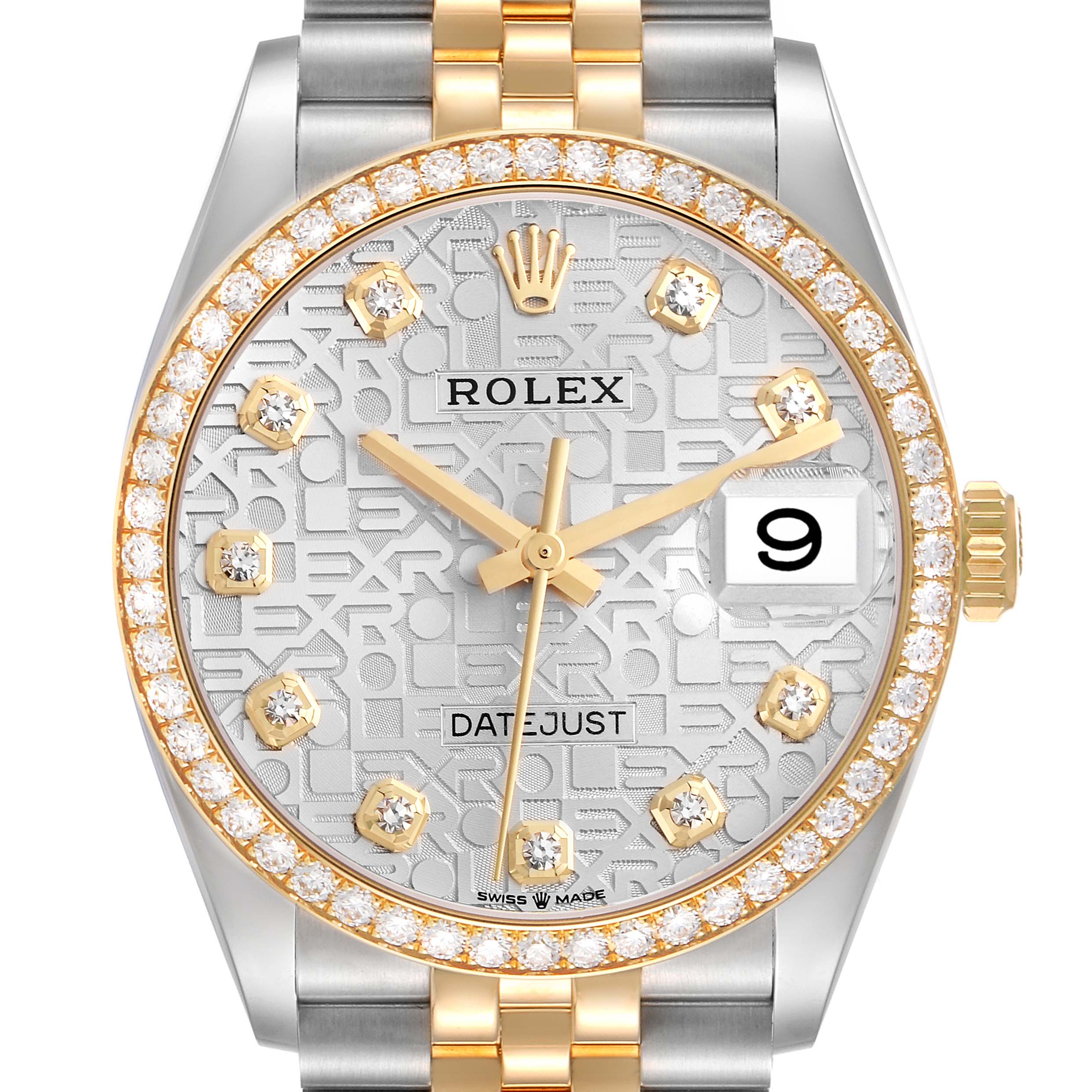 The Rolex Datejust 126283 Men
s Steel and Gold (two tone) Silver Dial 126283 Men
s Steel and Gold (two tone) Silver Dial watch is shown from a front angle, displaying its dial, bezel, crown, and partial bracelet.