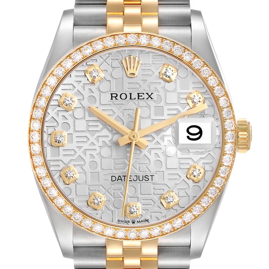 The Rolex Datejust watch is shown from a front angle, displaying its dial, bezel, crown, and partial bracelet.
