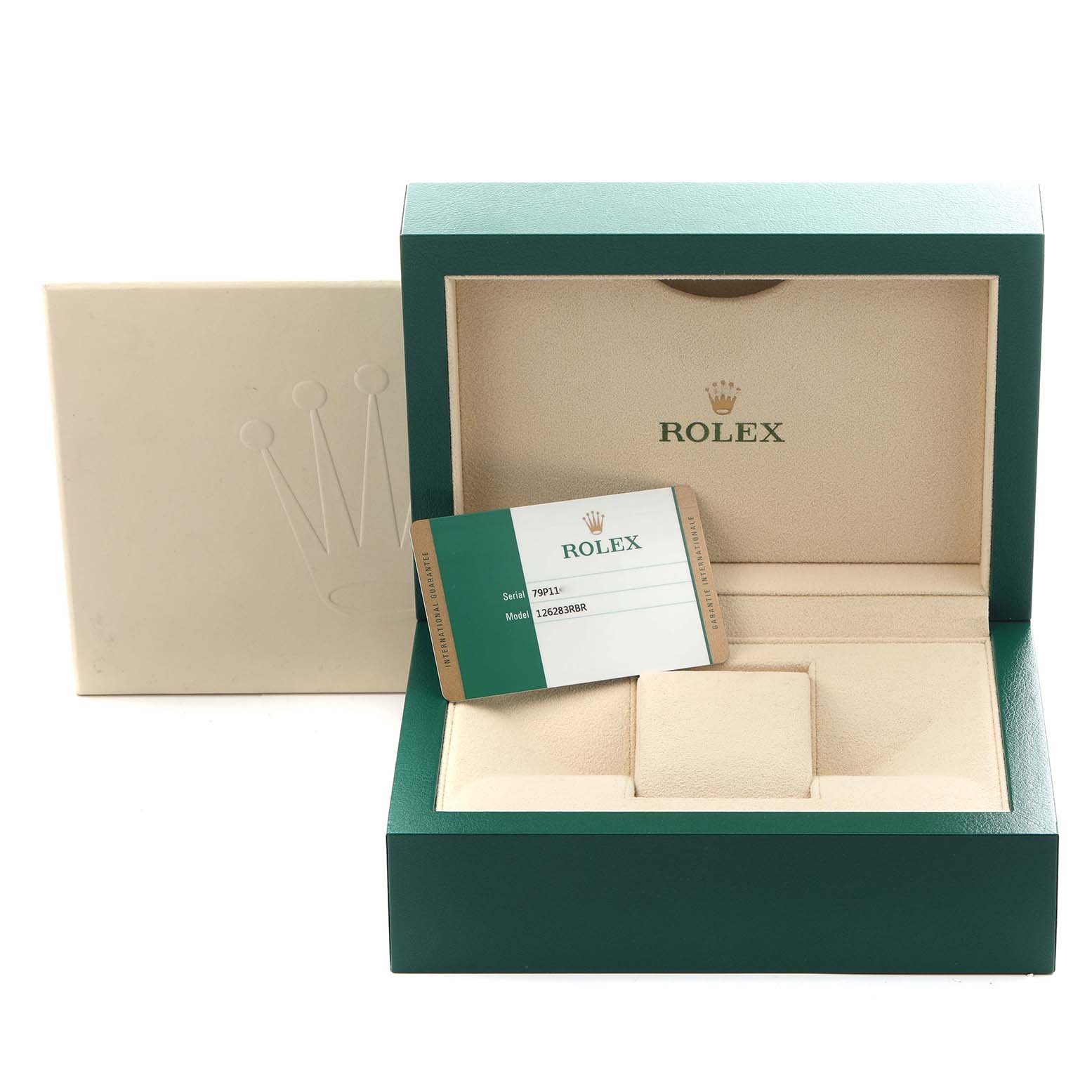 The image shows the open box and warranty card for a Rolex Datejust 126283 Men
s Steel and Gold (two tone) Silver Dial 126283 Men
s Steel and Gold (two tone) Silver Dial watch.