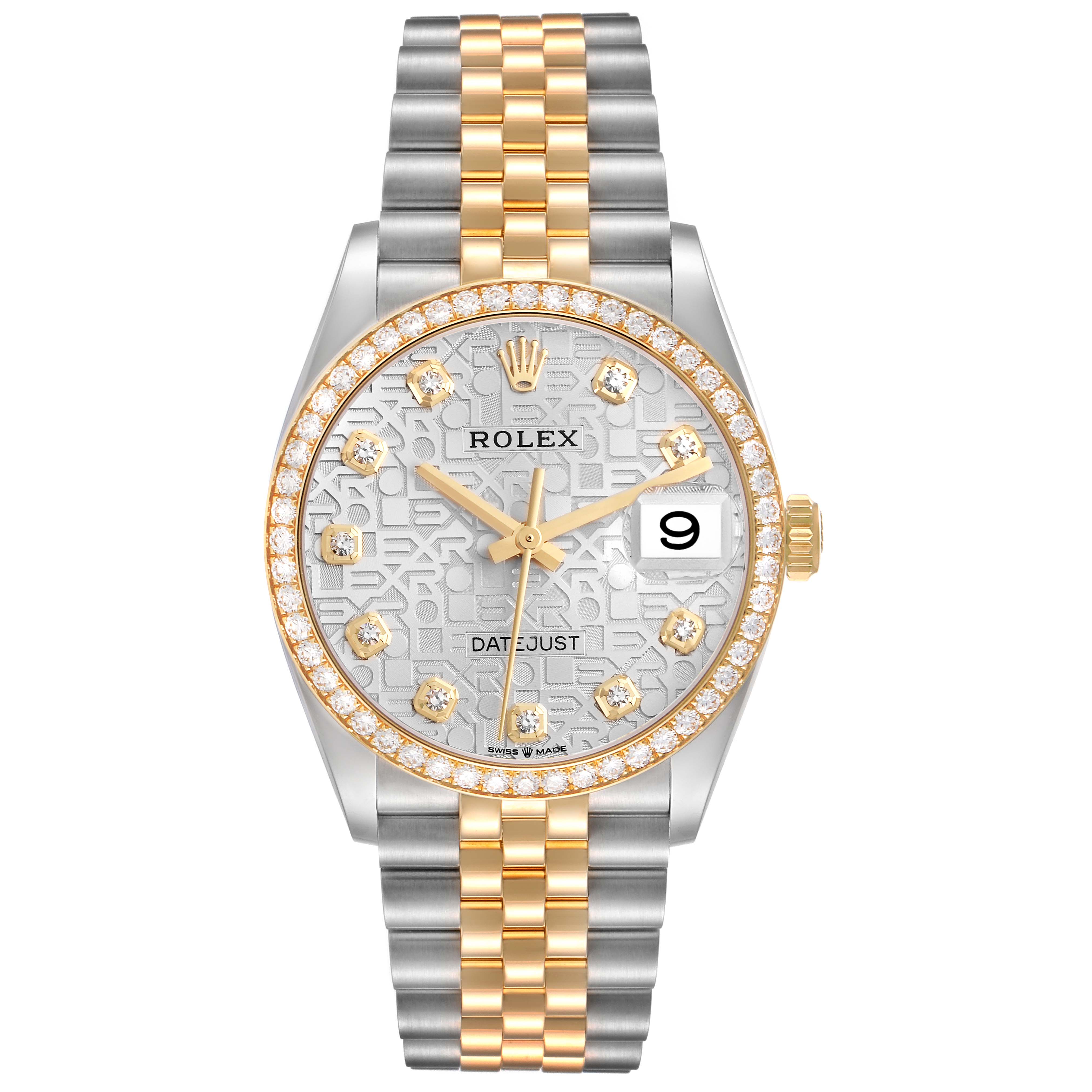 The Rolex Datejust 126283 Men
s Steel and Gold (two tone) Silver Dial 126283 Men
s Steel and Gold (two tone) Silver Dial watch is shown from a front view, displaying its face, bezel, dial, hands, and bracelet.