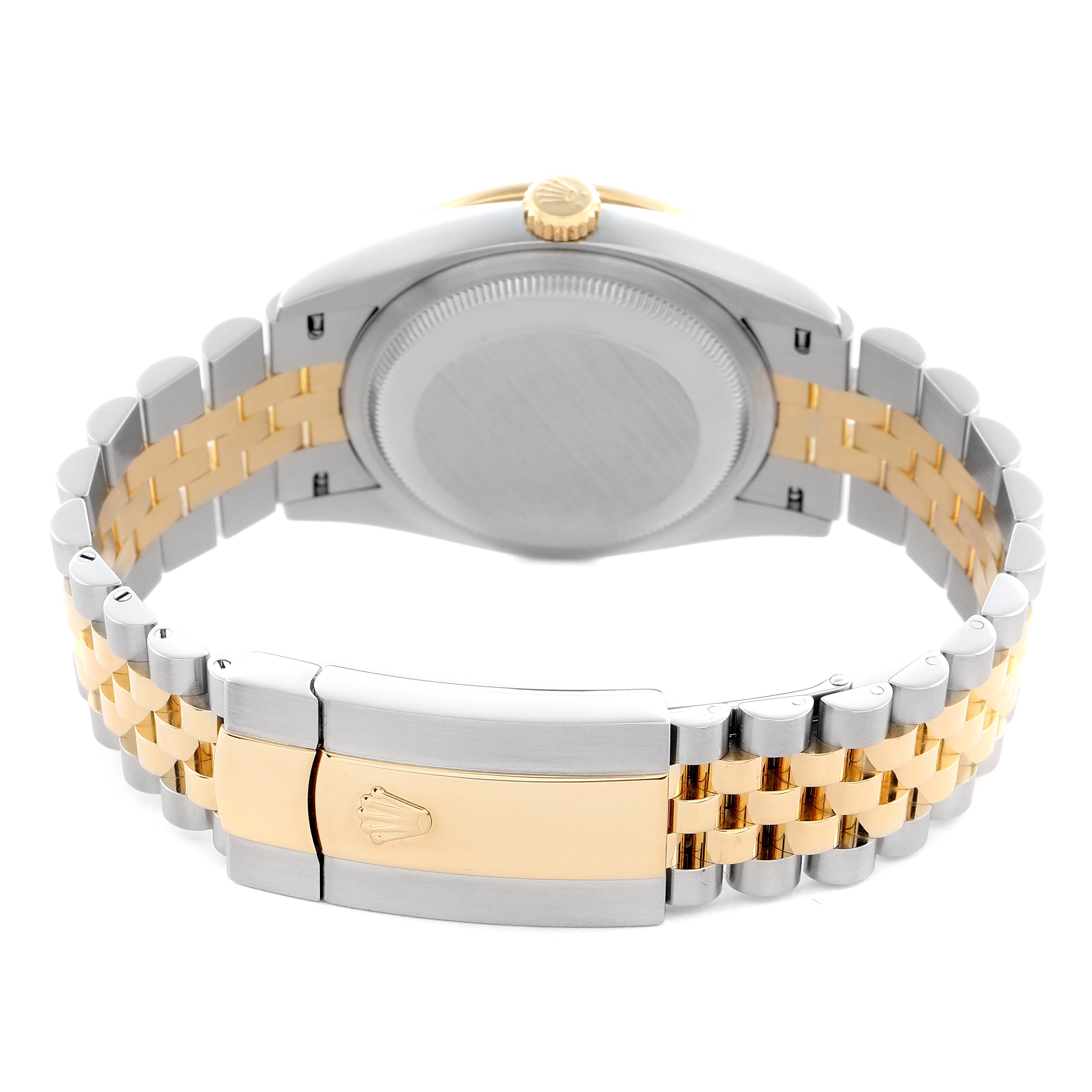 The image shows the back of a Rolex Datejust 126283 Men
s Steel and Gold (two tone) Silver Dial 126283 Men
s Steel and Gold (two tone) Silver Dial watch highlighting the bracelet and clasp.